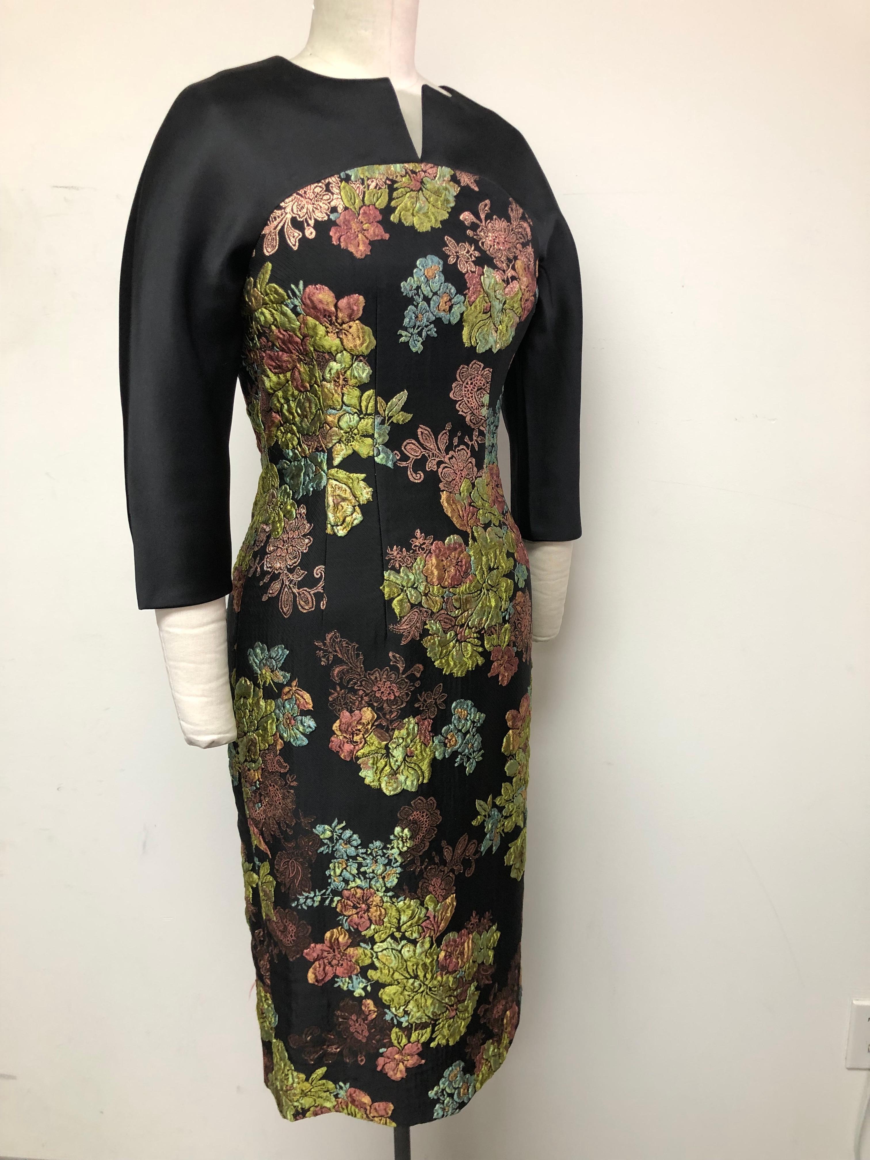 French Multi Floral Rose Gold Brocade with Black Satin Inset and 3/4 Sleeves In Excellent Condition For Sale In Los Angeles, CA