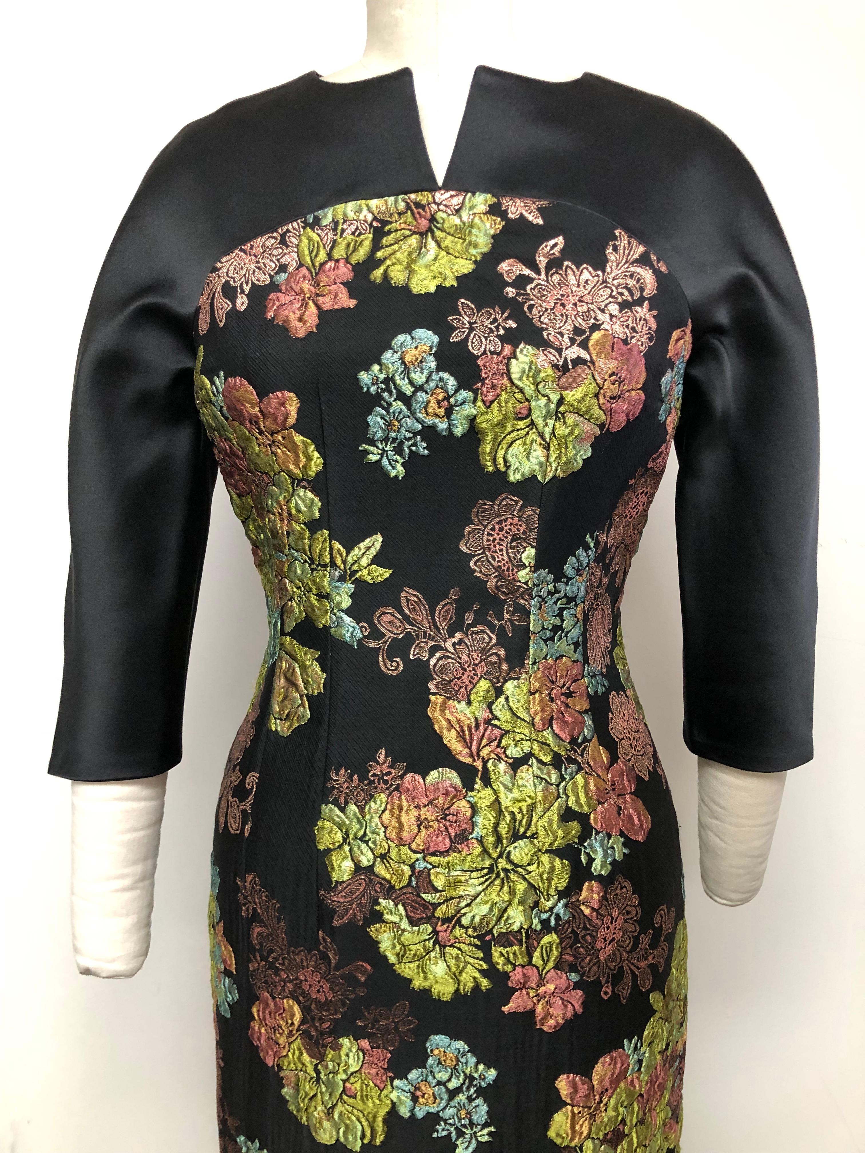 Women's French Multi Floral Rose Gold Brocade with Black Satin Inset and 3/4 Sleeves For Sale