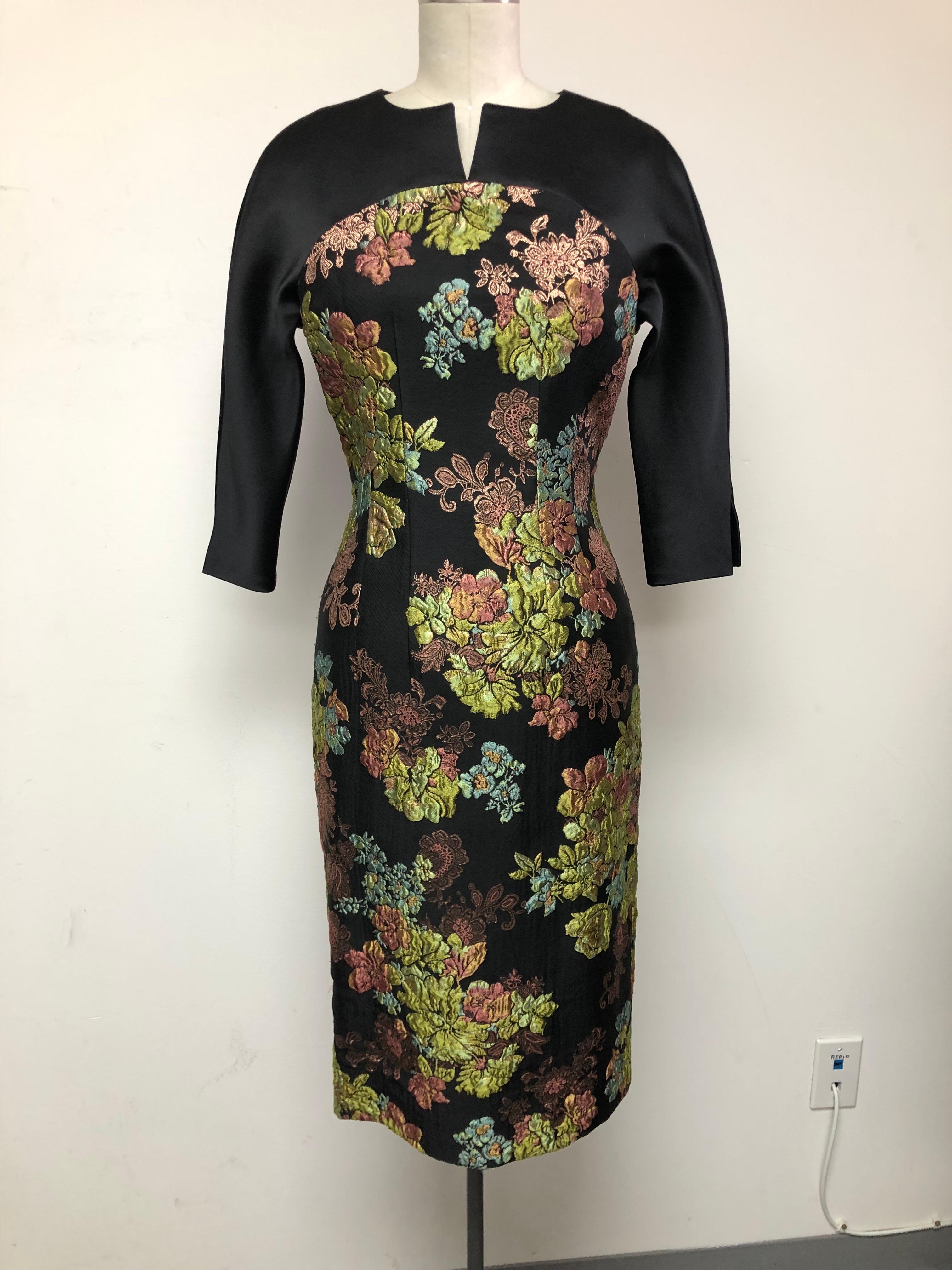 French Multi Floral Rose Gold Brocade with Black Satin Inset and 3/4 Sleeves For Sale 1