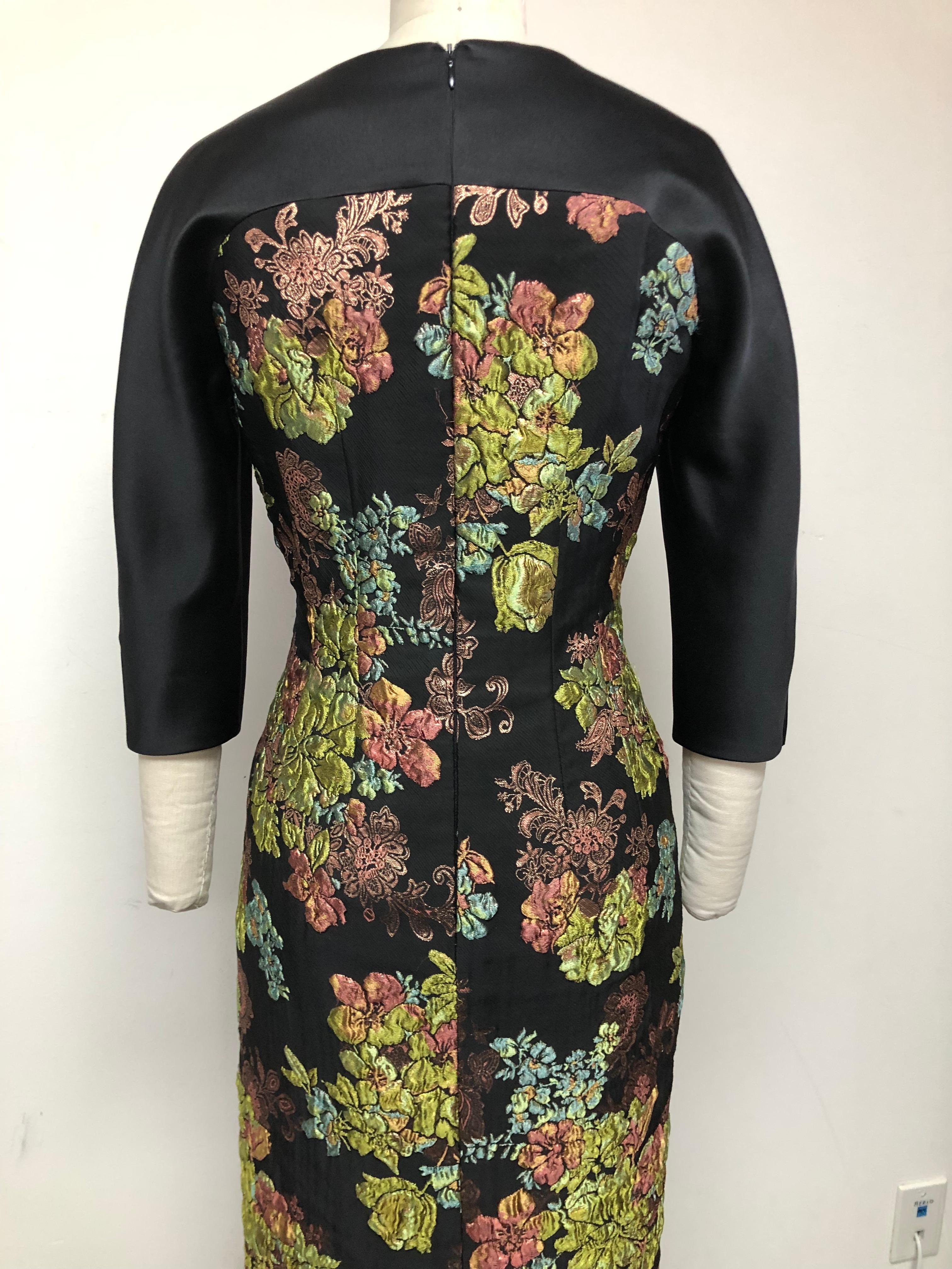 French Multi Floral Rose Gold Brocade with Black Satin Inset and 3/4 Sleeves For Sale 2