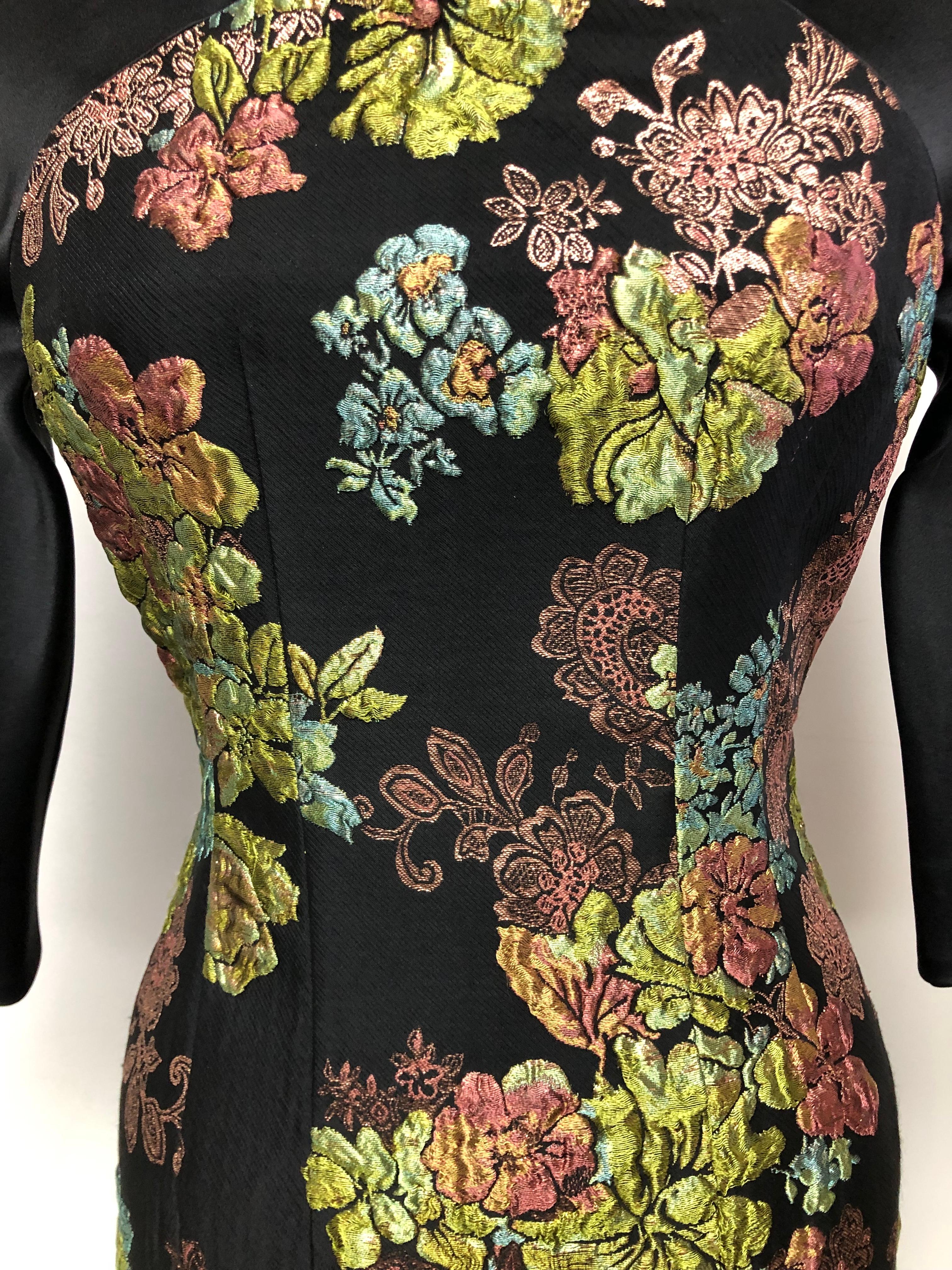 French Multi Floral Rose Gold Brocade with Black Satin Inset and 3/4 Sleeves For Sale 3
