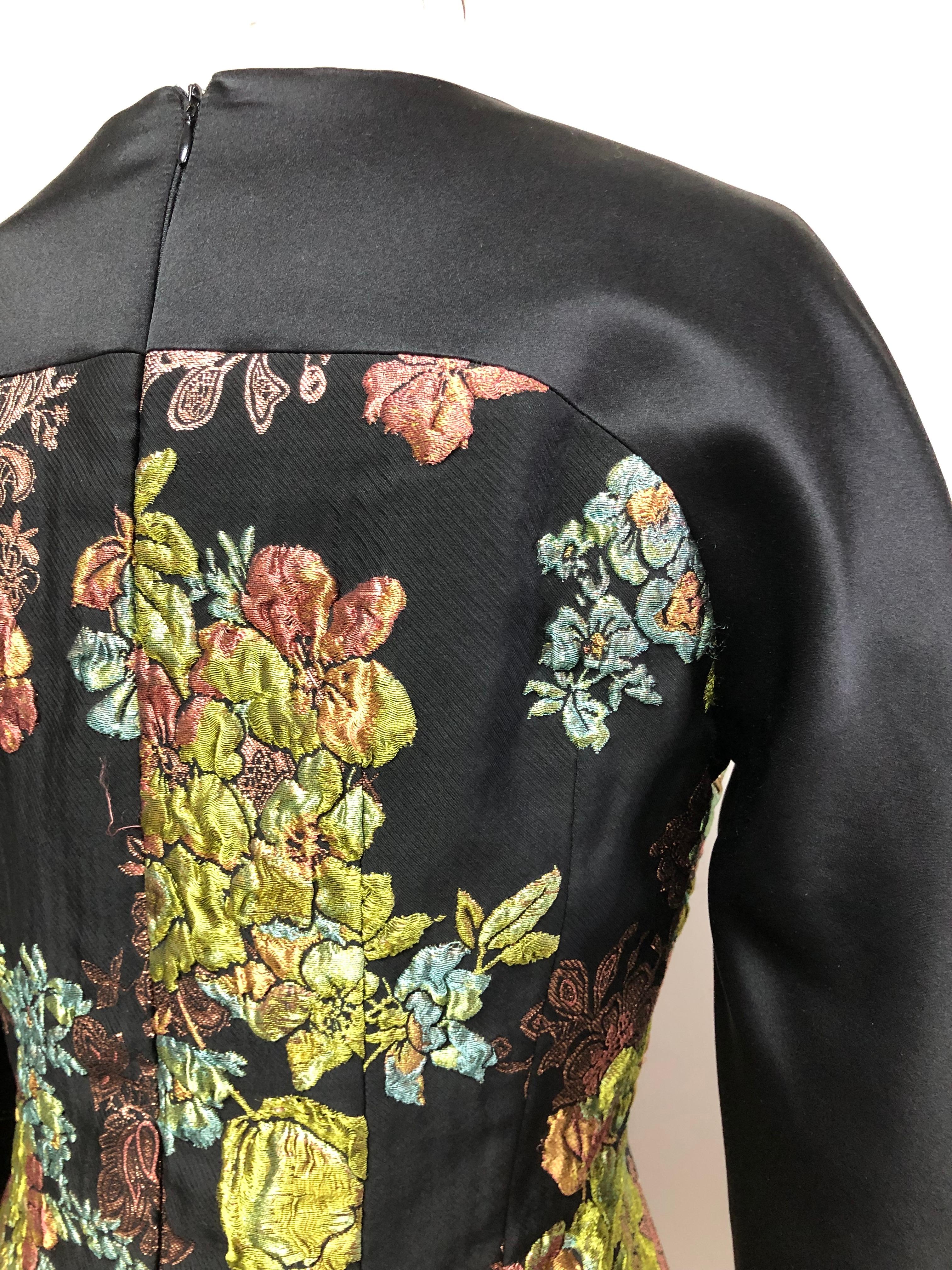 French Multi Floral Rose Gold Brocade with Black Satin Inset and 3/4 Sleeves For Sale 4