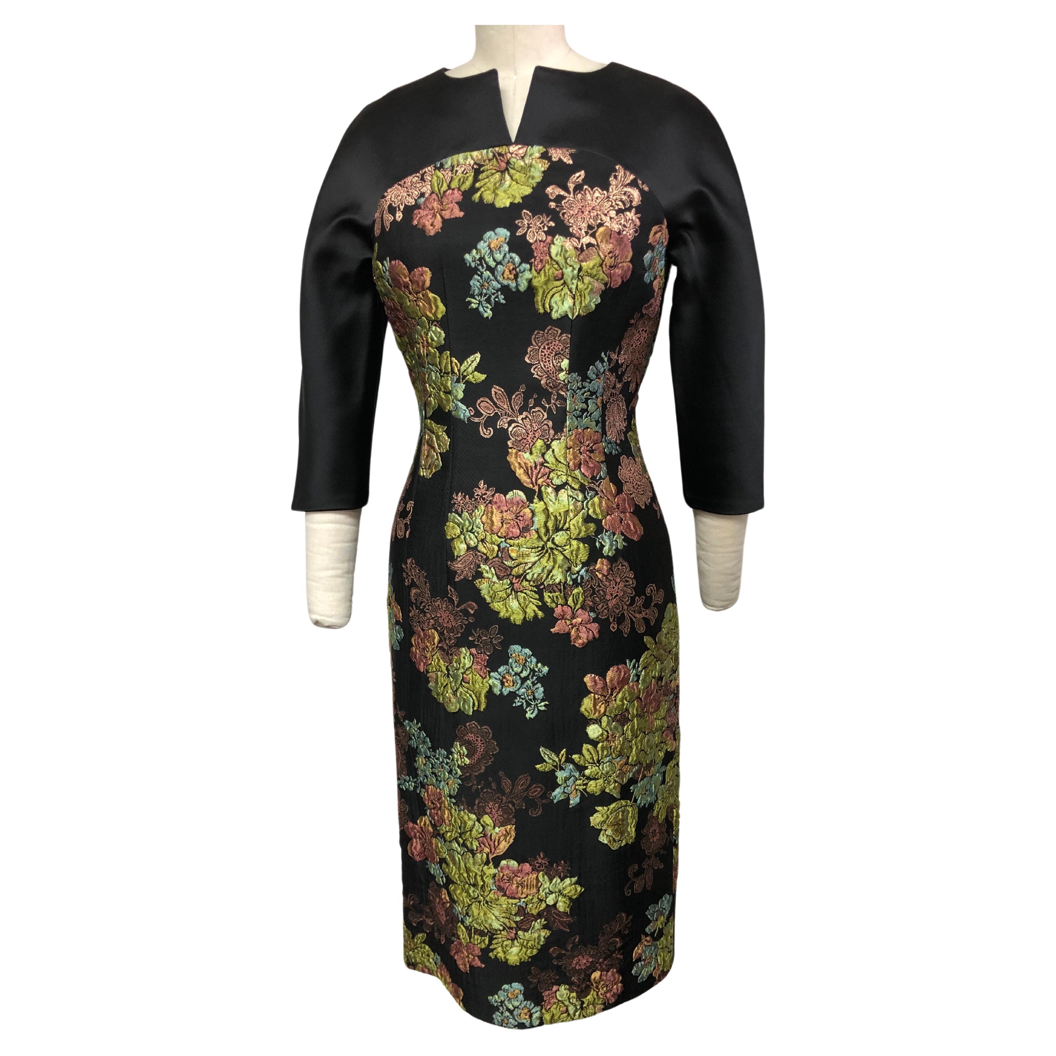 French Multi Floral Rose Gold Brocade with Black Satin Inset and 3/4 Sleeves For Sale