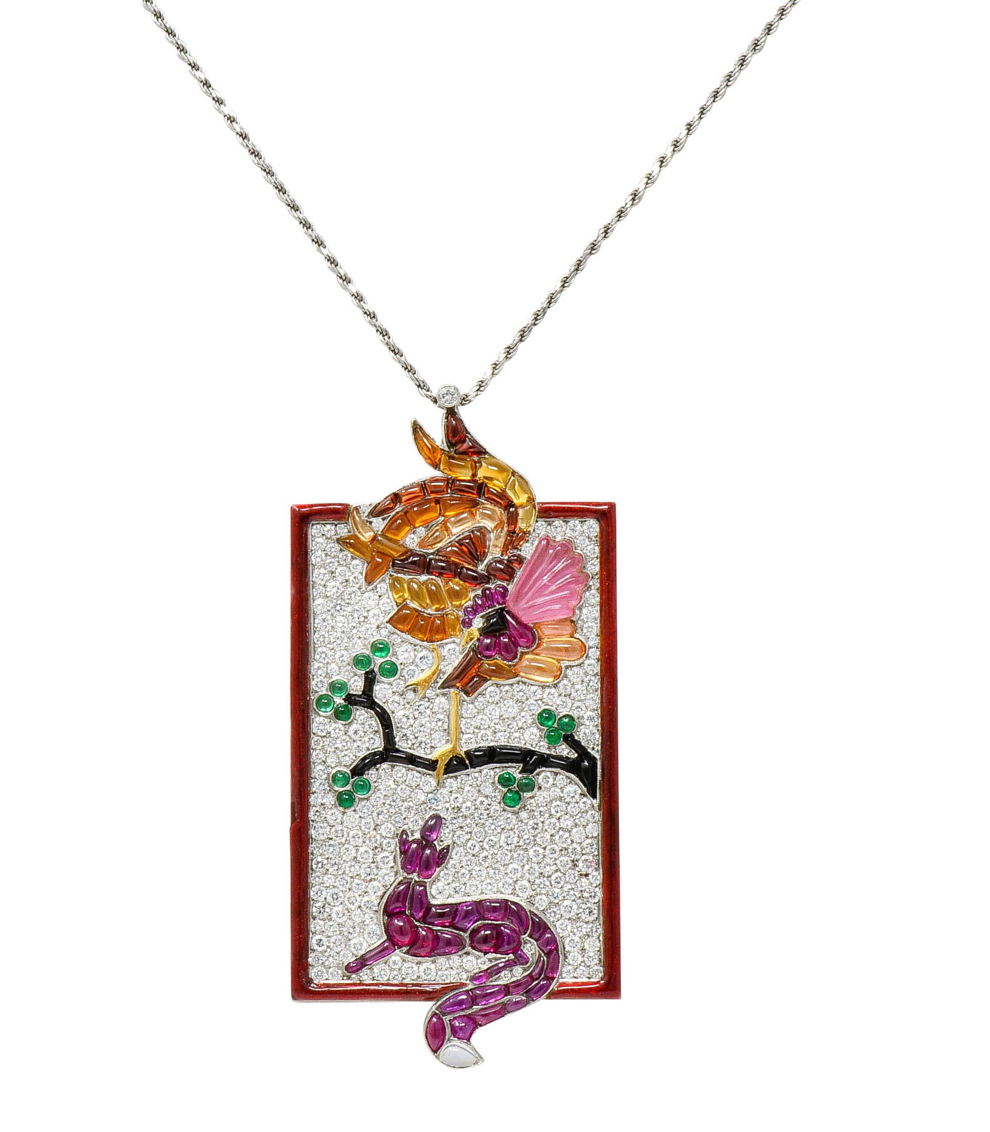 Contemporary French Multi-Gem 8.50 Carats Diamond Platinum Rooster & Fox Pendant Necklace