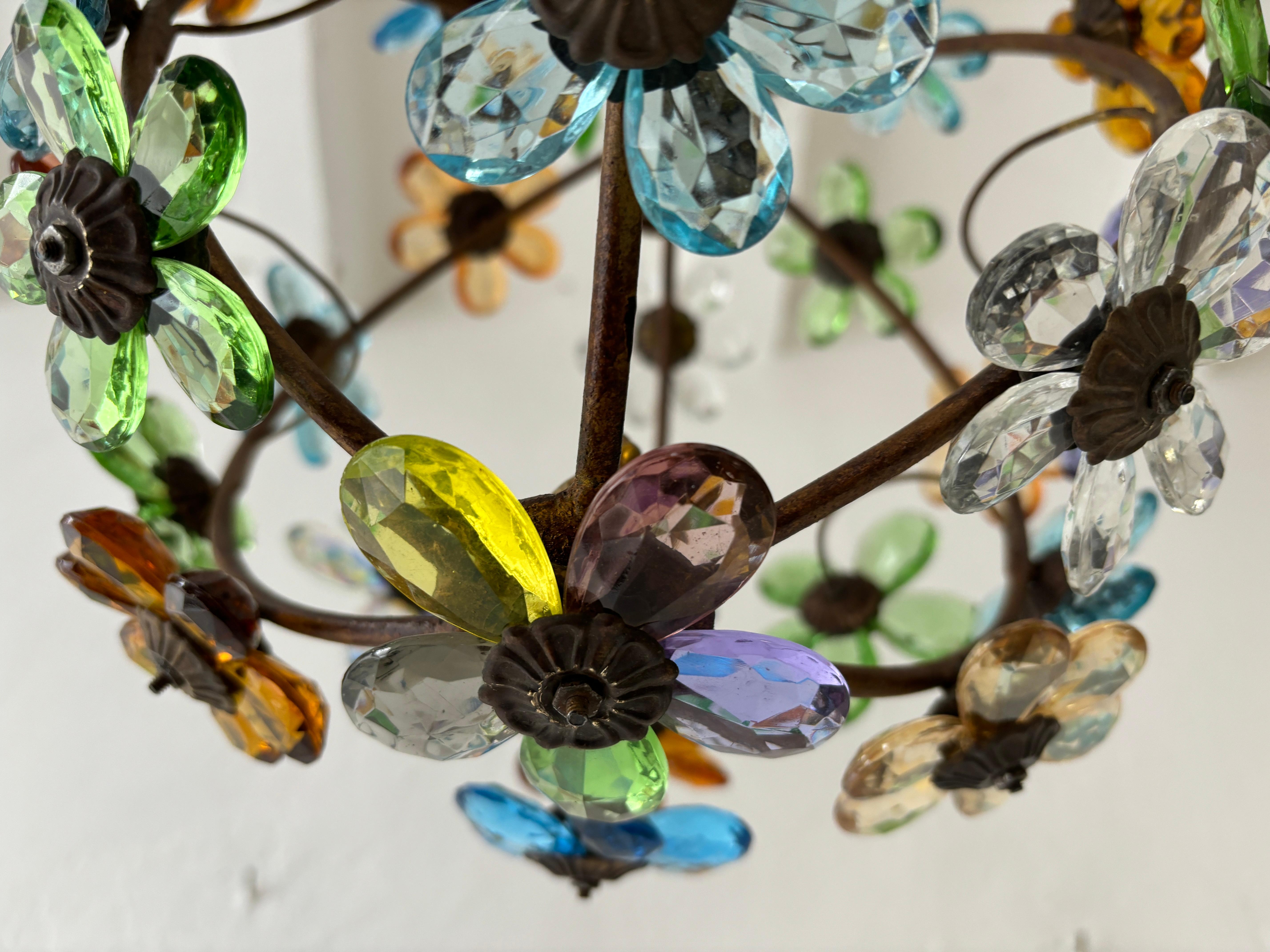 French Multicolor Flower Ball Crystal Prisms Maison Baguès Style Chandelier For Sale 5
