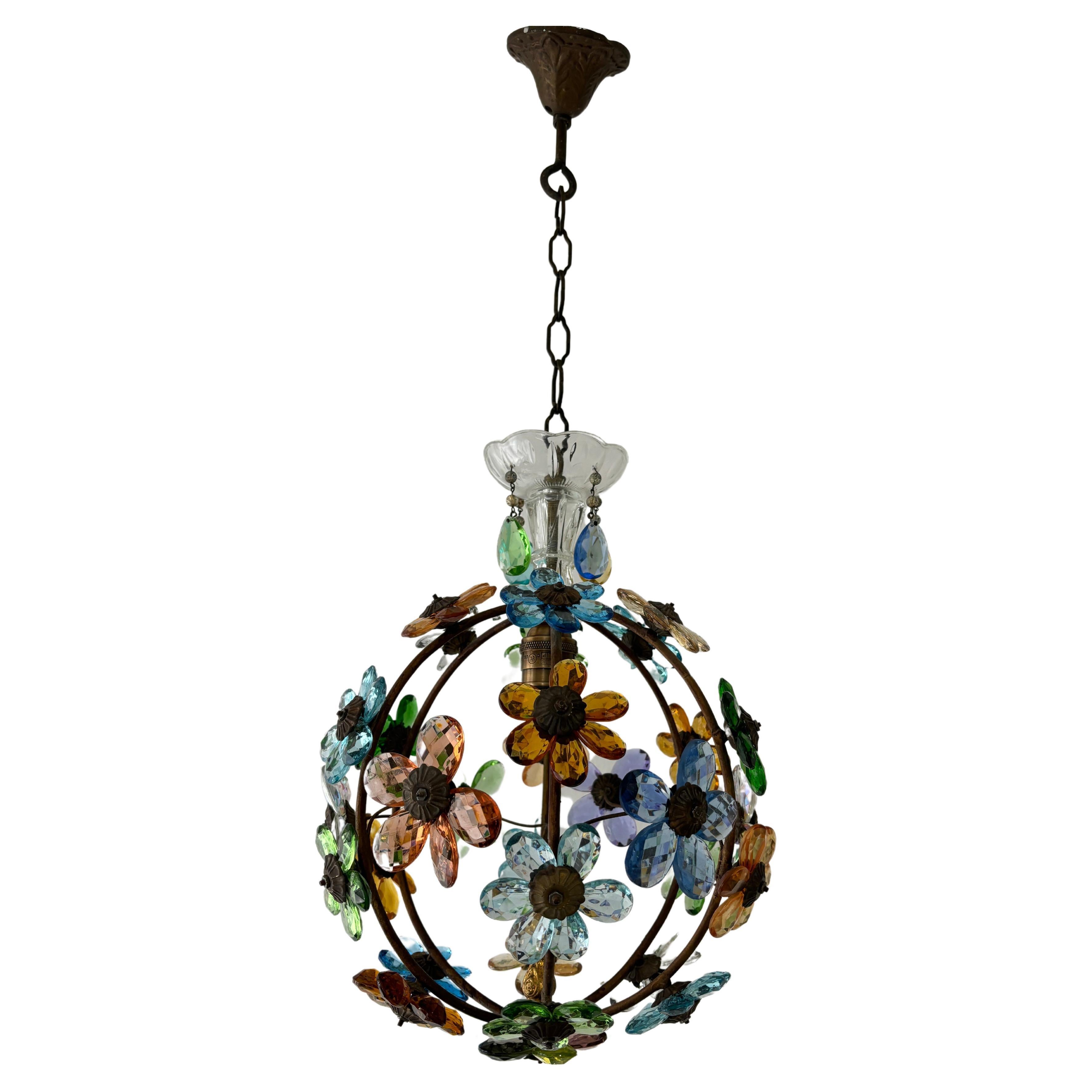 French Multicolor Flower Ball Crystal Prisms Maison Baguès Style Chandelier For Sale