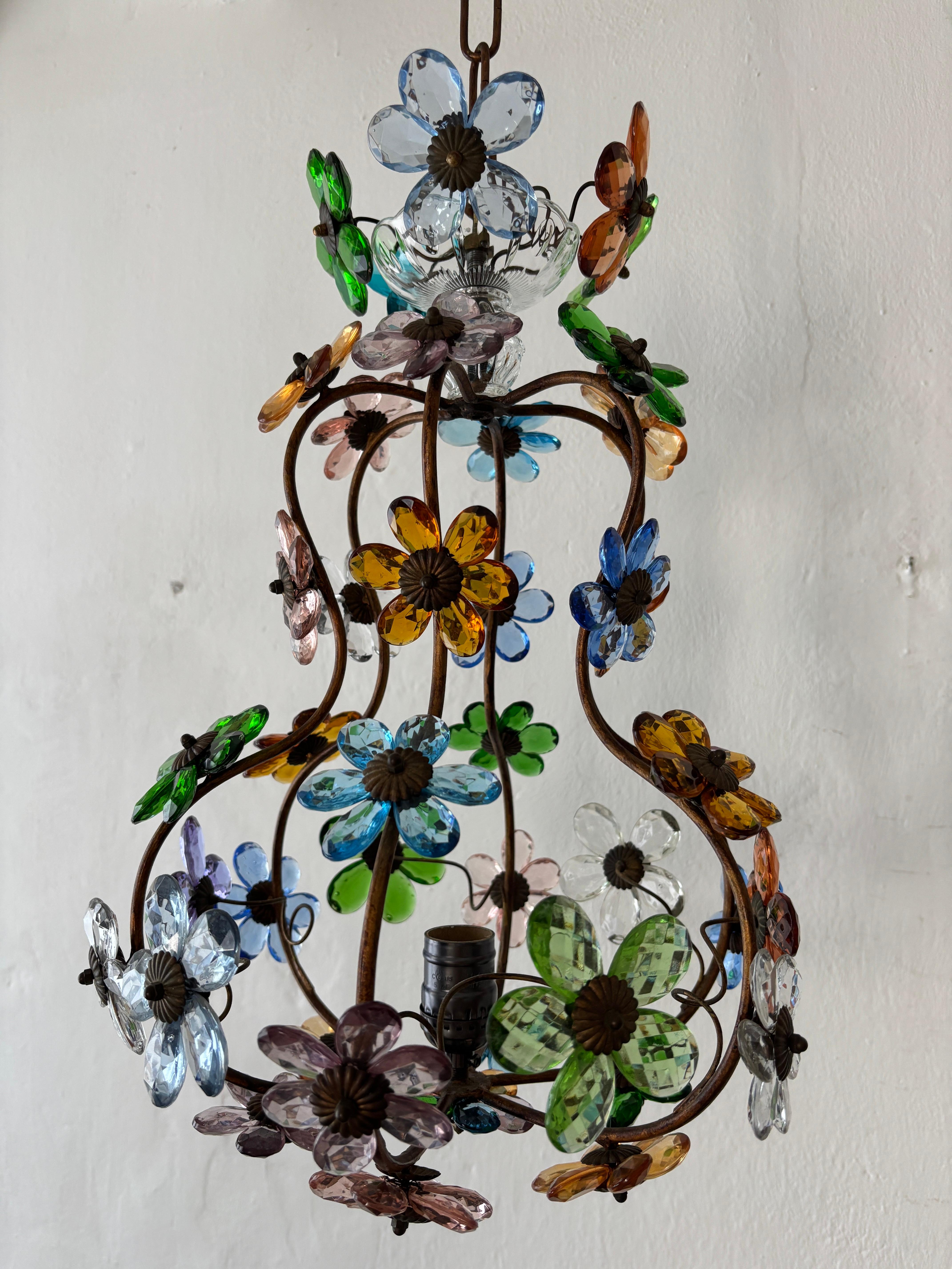 Lustre rare de la Maison Baguès avec prisme en cristal à fleurs multicolores en vente 5