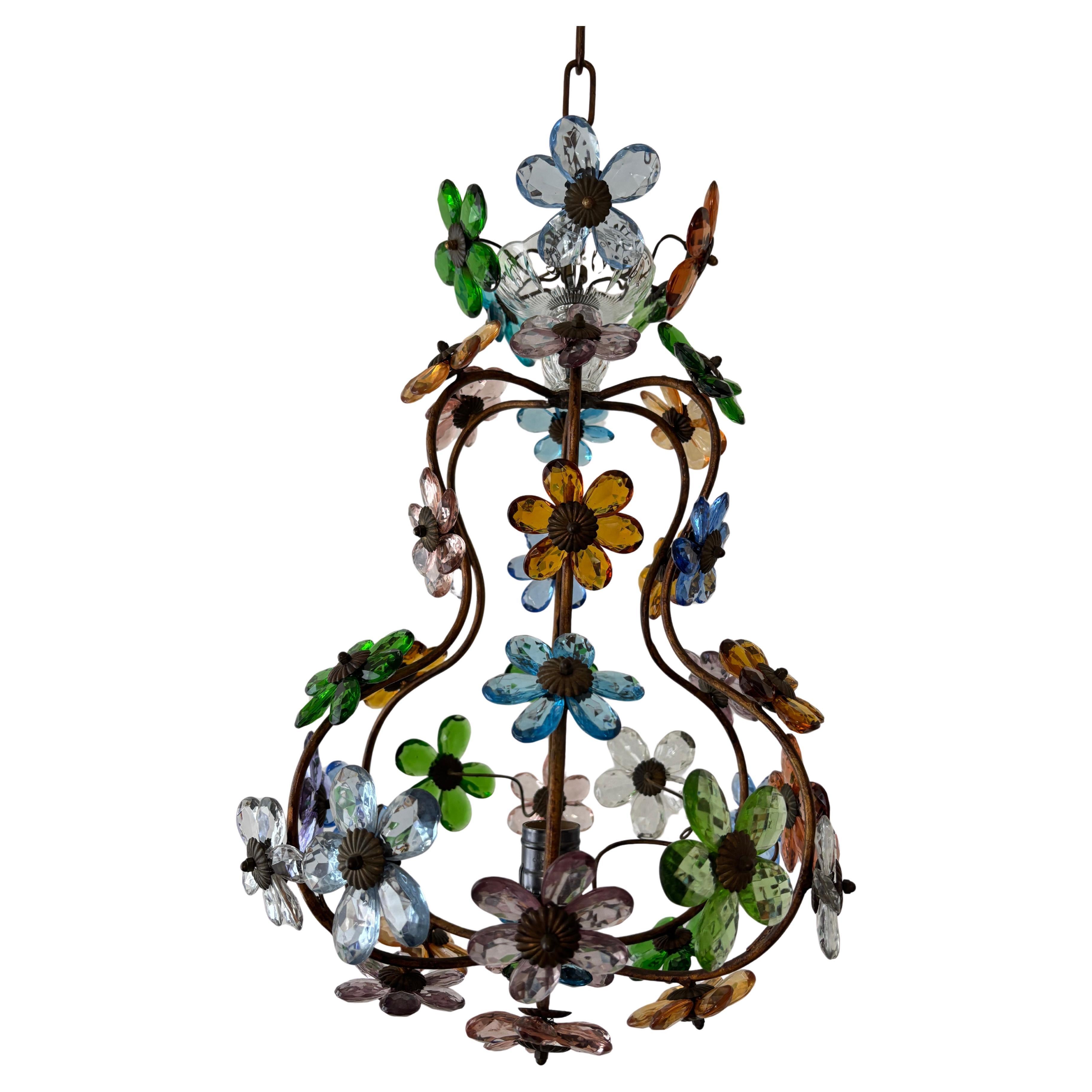 French Multicolor Flowers Crystal Prisms Maison Baguès Style Rare Chandelier