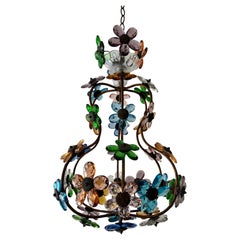 French Multicolor Flowers Crystal Prisms Maison Baguès Style Rare Chandelier