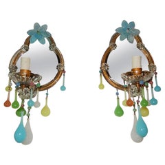 French Multicolored Opaline Murano Glass Mirrored Sconces