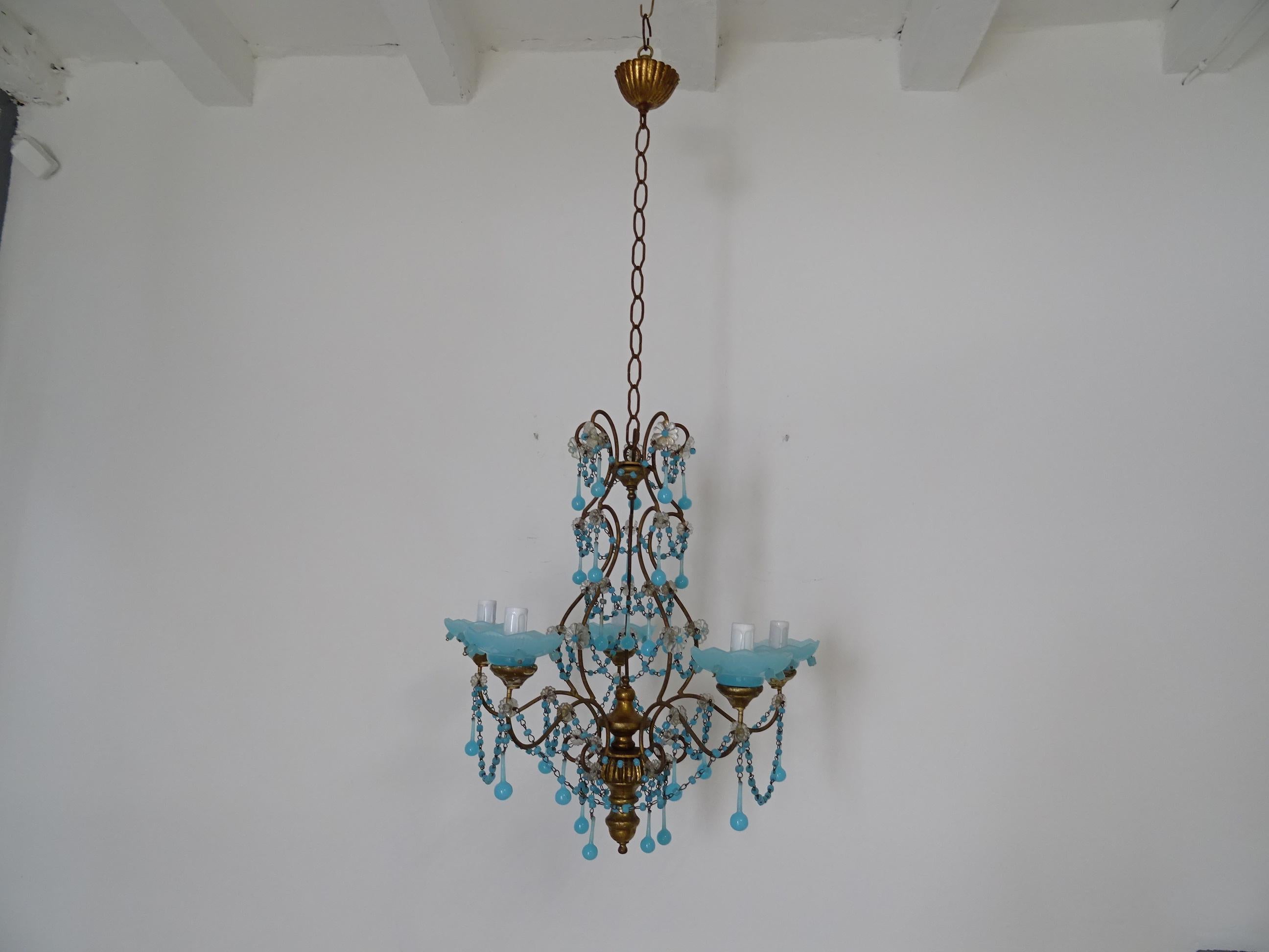 French Murano Blue Bobeches Drops & Beads Opaline Beaded Chandelier, circa 1920 For Sale 4