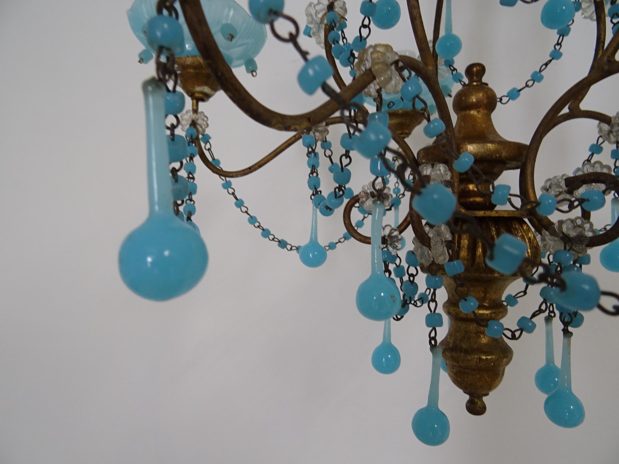 French Murano Blue Bobeches Drops & Beads Opaline Beaded Chandelier, circa 1920 For Sale 5