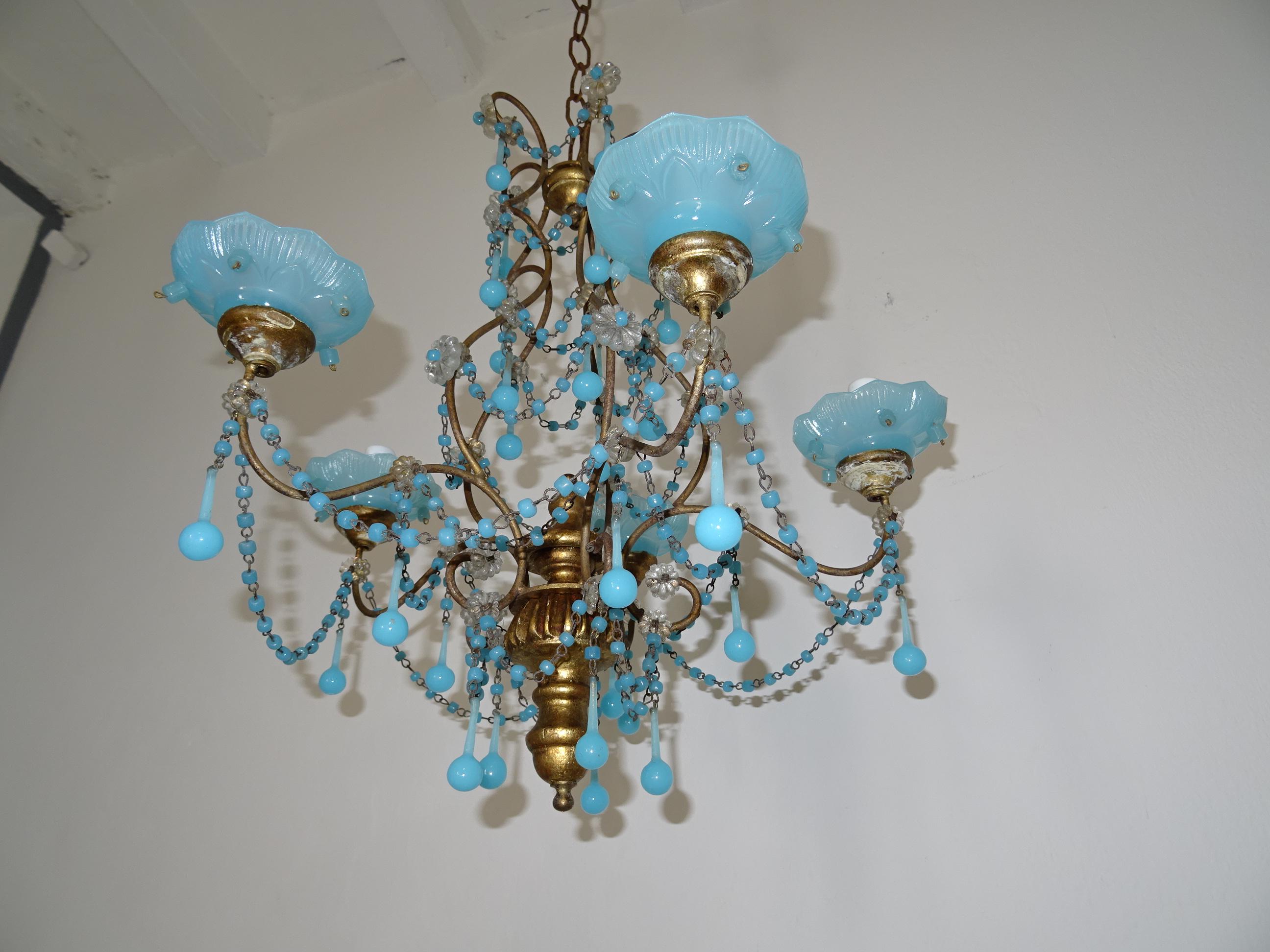 Baroque French Murano Blue Bobeches Drops & Beads Opaline Beaded Chandelier, circa 1920 For Sale