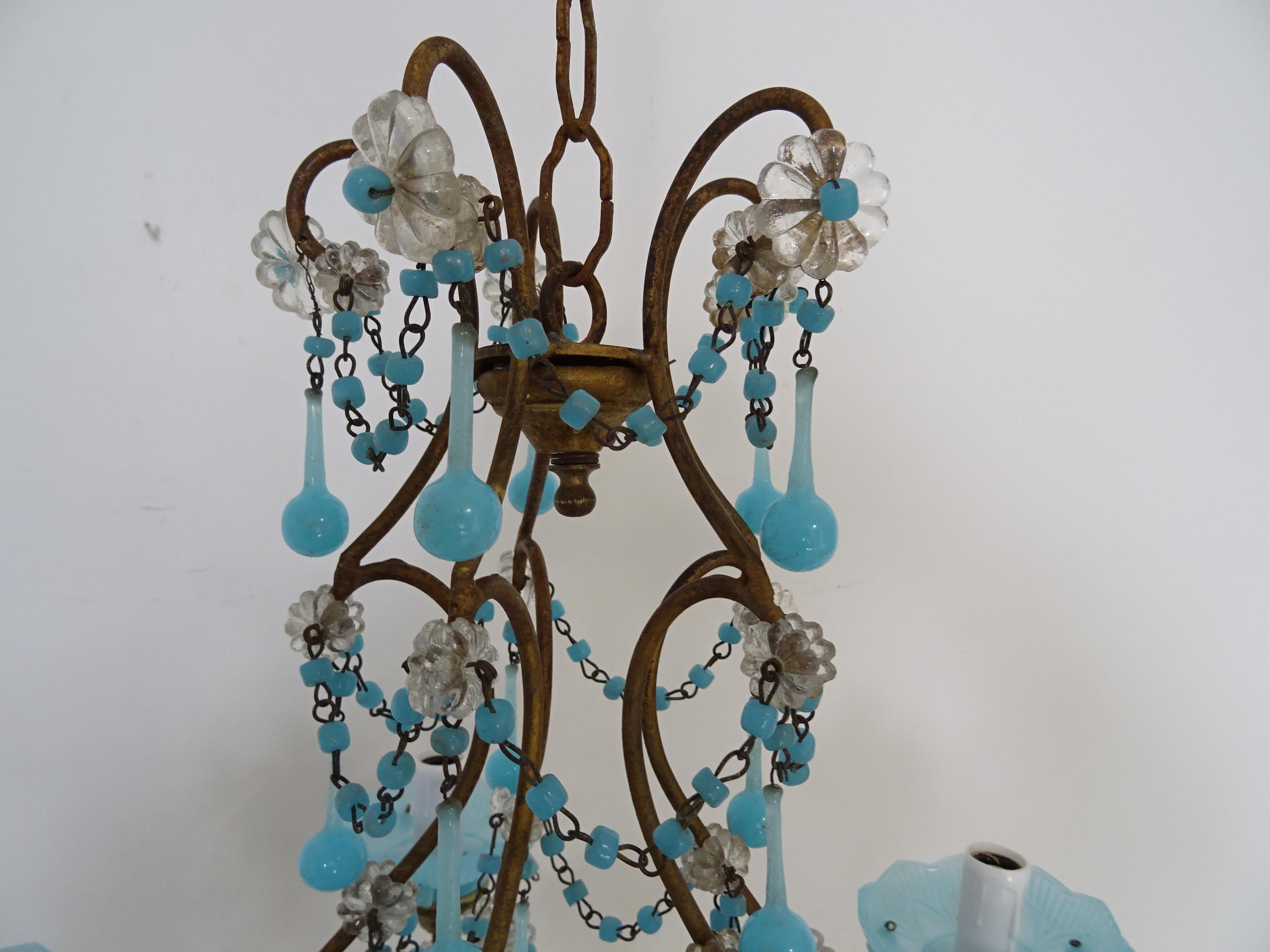 French Murano Blue Bobeches Drops & Beads Opaline Beaded Chandelier, circa 1920 In Good Condition For Sale In Modena (MO), Modena (Mo)