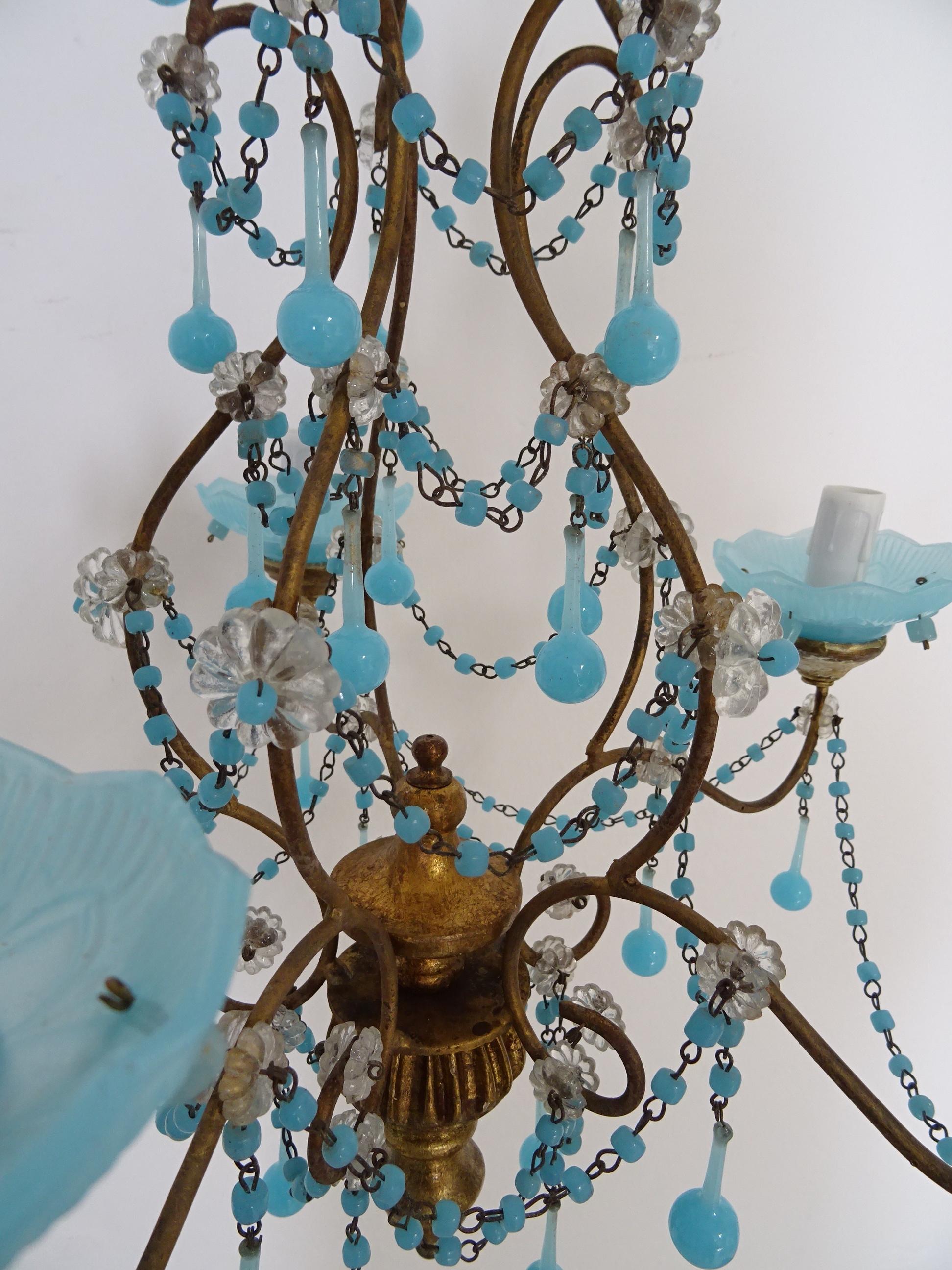 Early 20th Century French Murano Blue Bobeches Drops & Beads Opaline Beaded Chandelier, circa 1920 For Sale