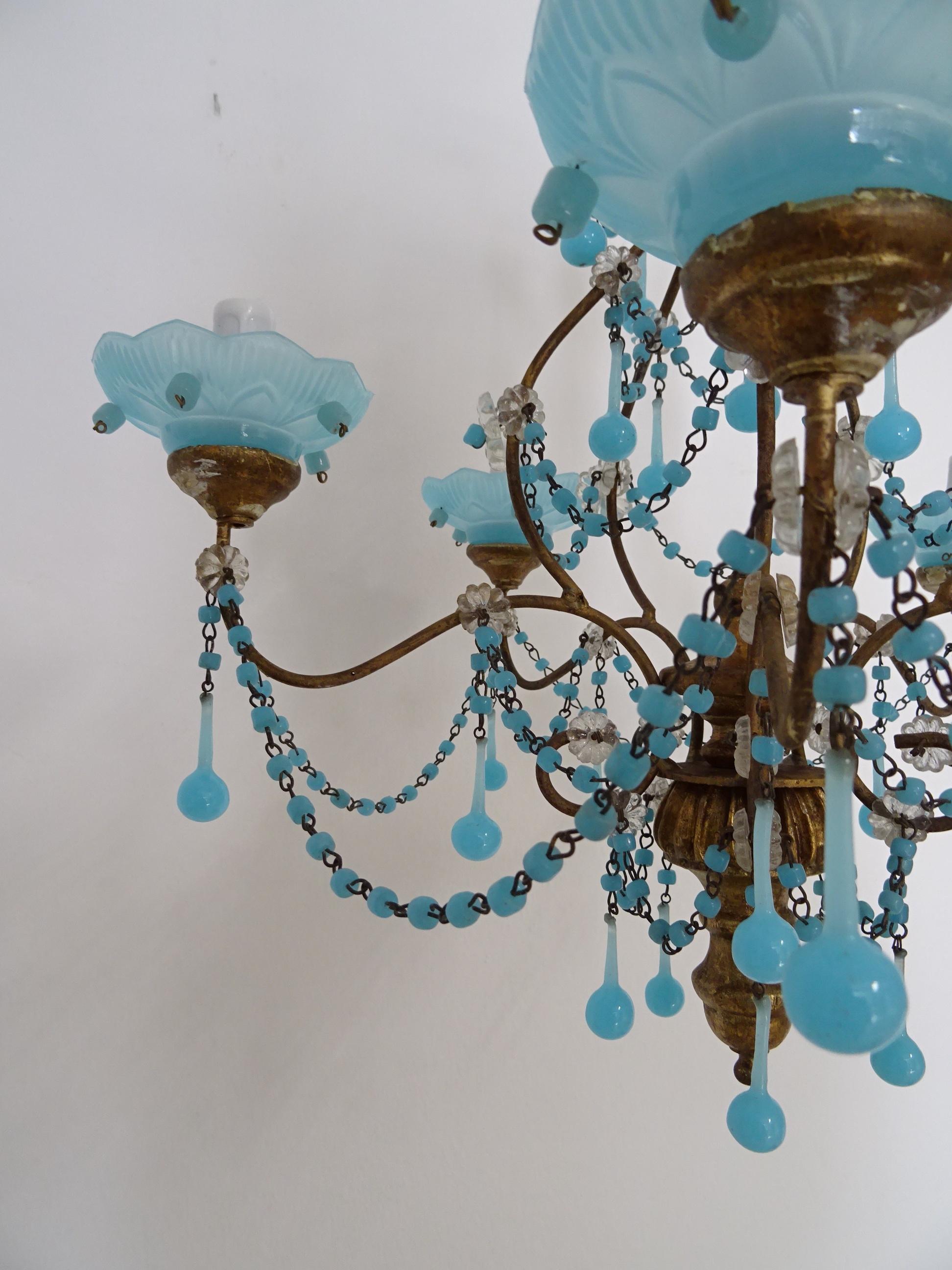 Crystal French Murano Blue Bobeches Drops & Beads Opaline Beaded Chandelier, circa 1920 For Sale