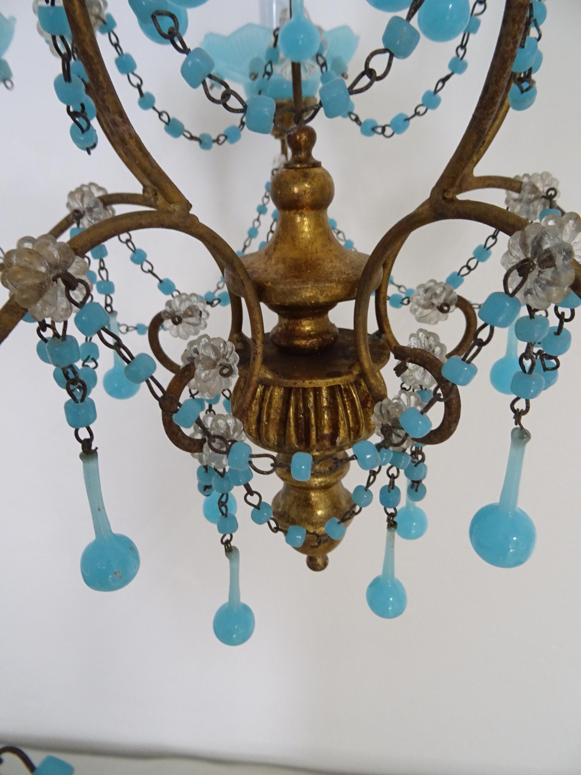 French Murano Blue Bobeches Drops & Beads Opaline Beaded Chandelier, circa 1920 For Sale 1