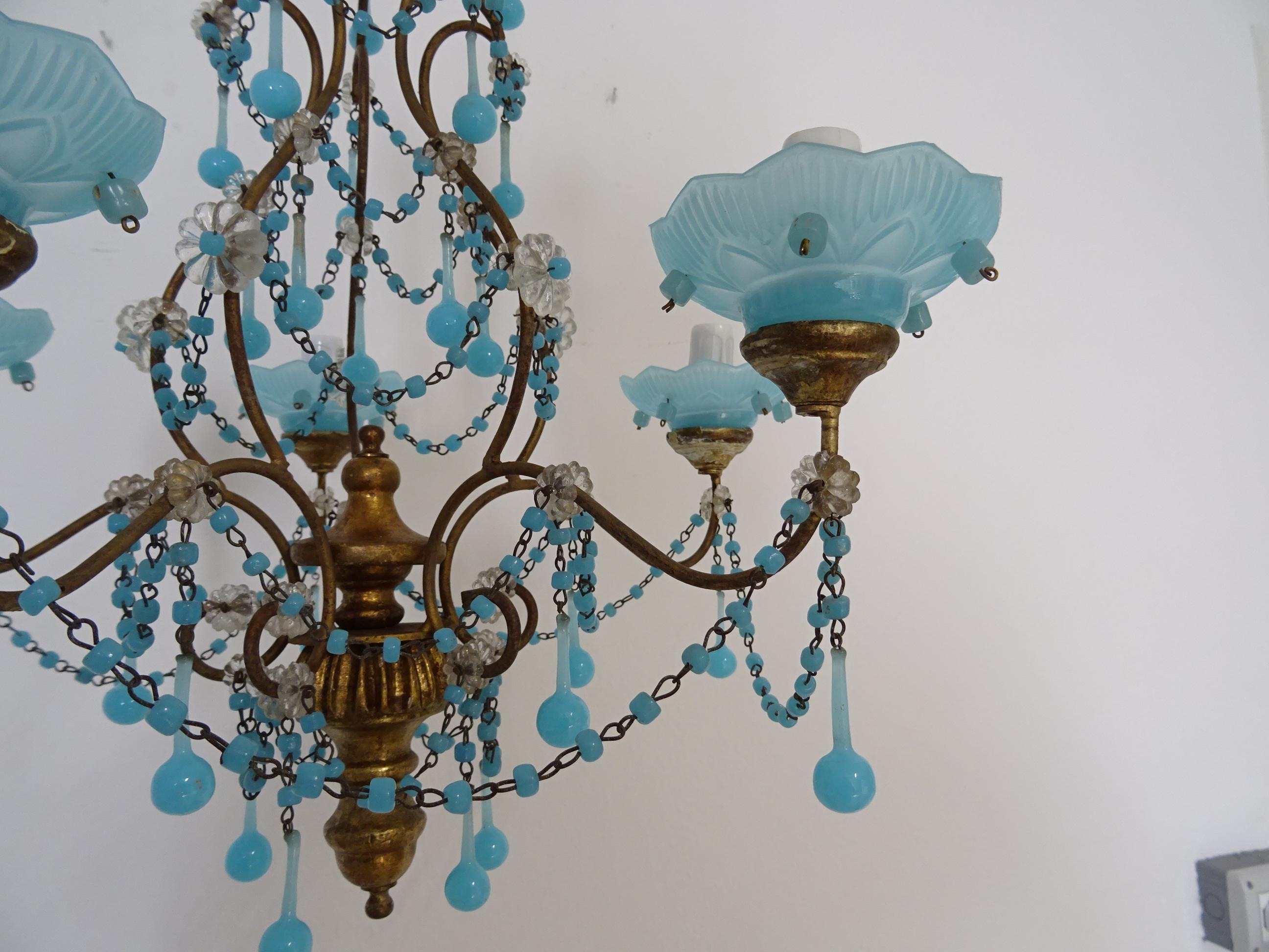 French Murano Blue Bobeches Drops & Beads Opaline Beaded Chandelier, circa 1920 For Sale 2