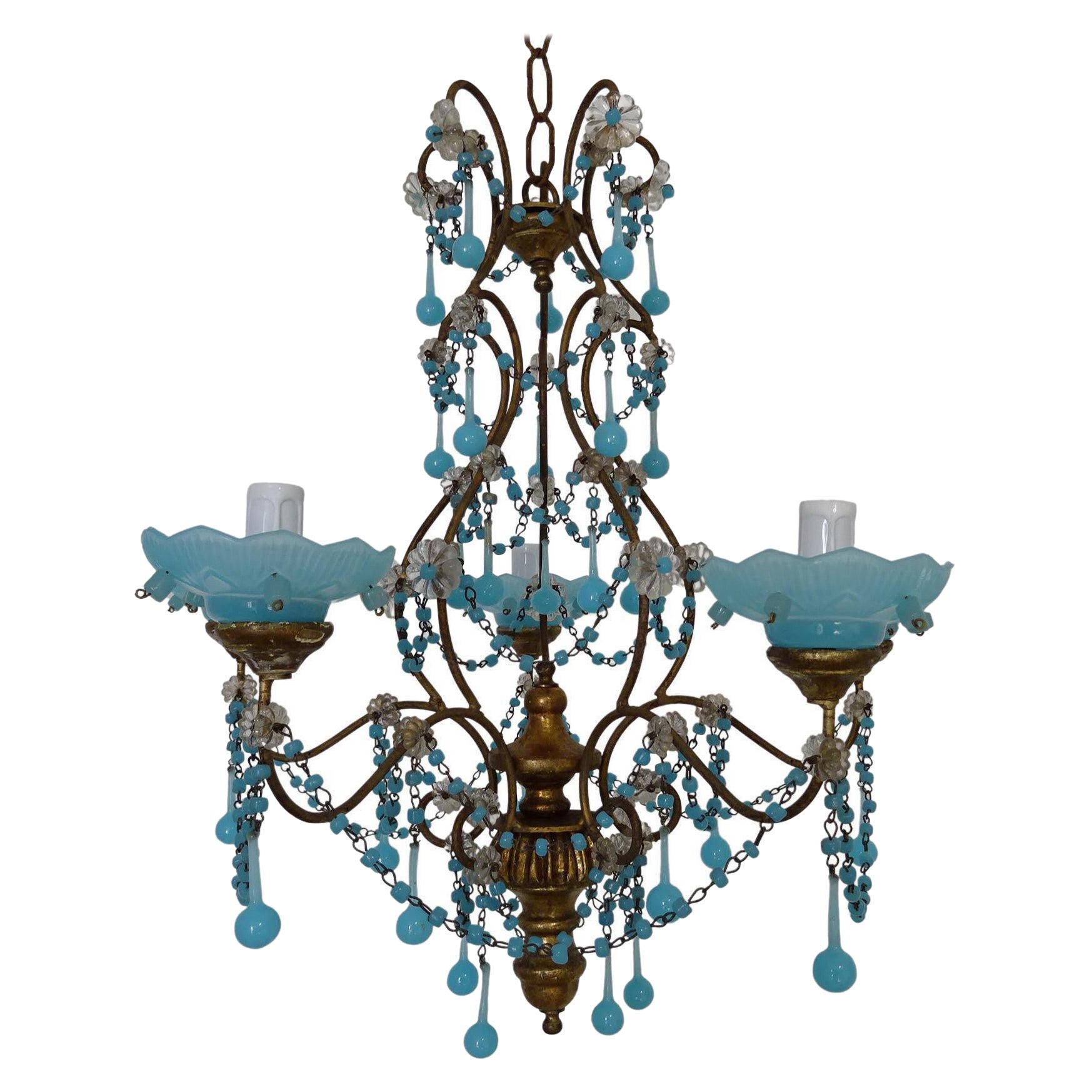 French Murano Blue Bobeches Drops & Beads Opaline Beaded Chandelier, circa 1920