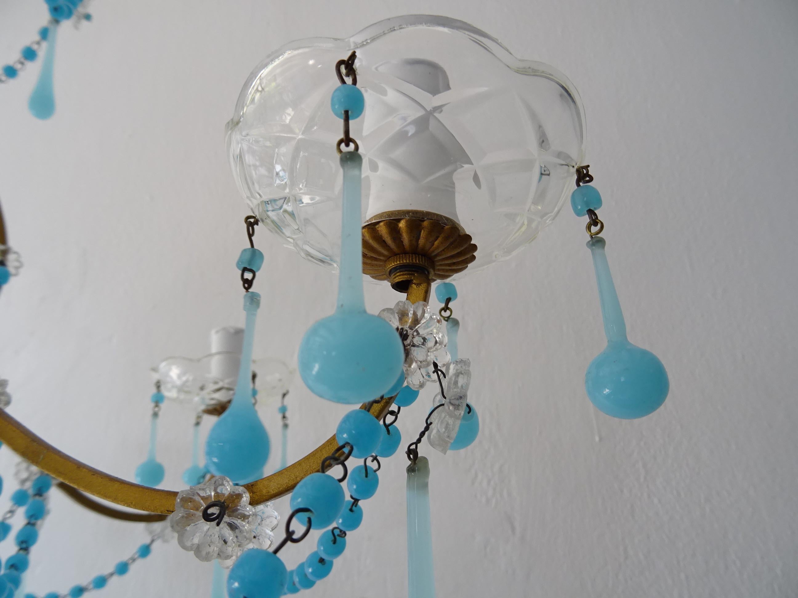 French Murano Blue Drops & Beads Opaline Chandelier, circa 1920 For Sale 5