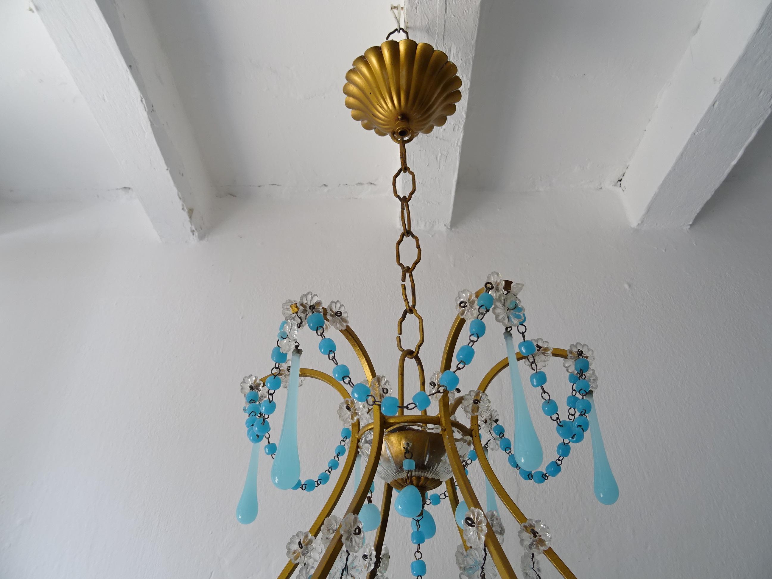 Early 20th Century French Murano Blue Drops & Beads Opaline Chandelier, circa 1920 For Sale