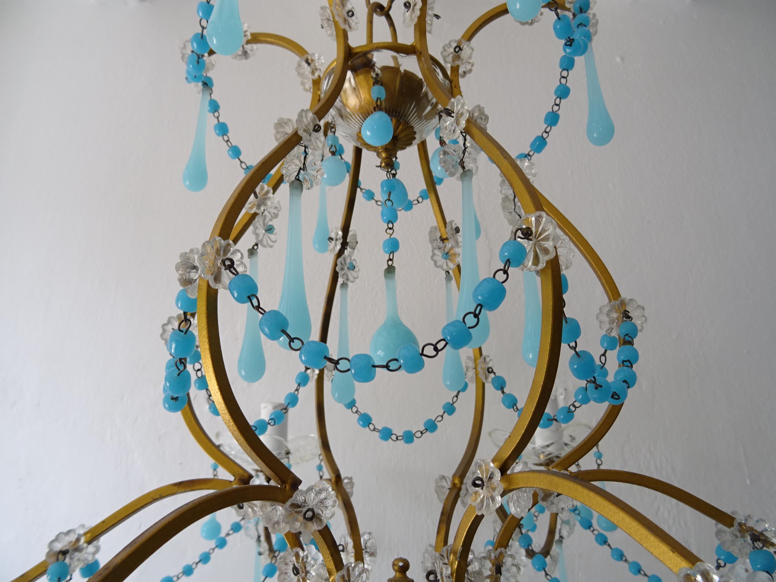 Crystal French Murano Blue Drops & Beads Opaline Chandelier, circa 1920 For Sale