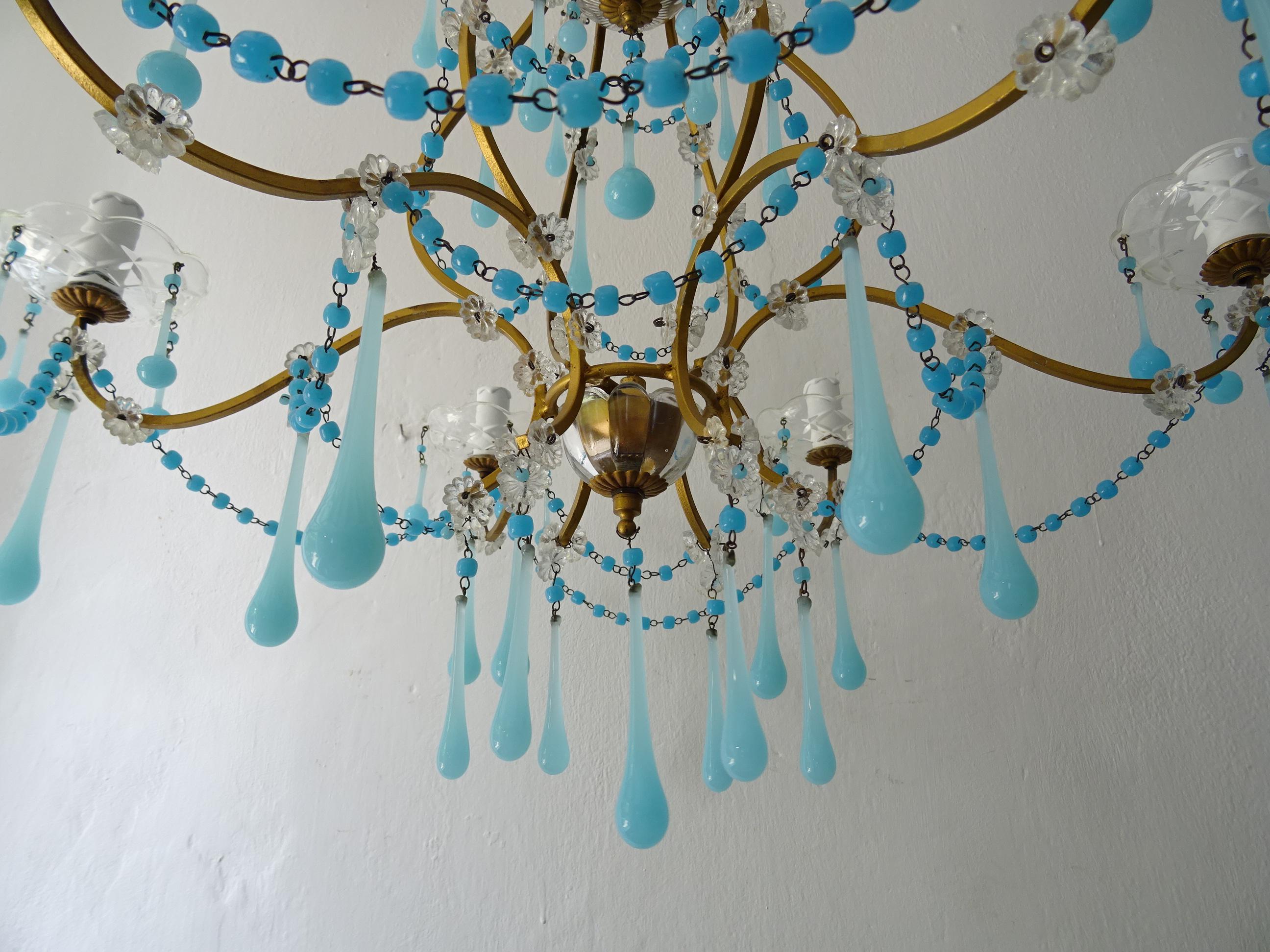 French Murano Blue Drops & Beads Opaline Chandelier, circa 1920 For Sale 1