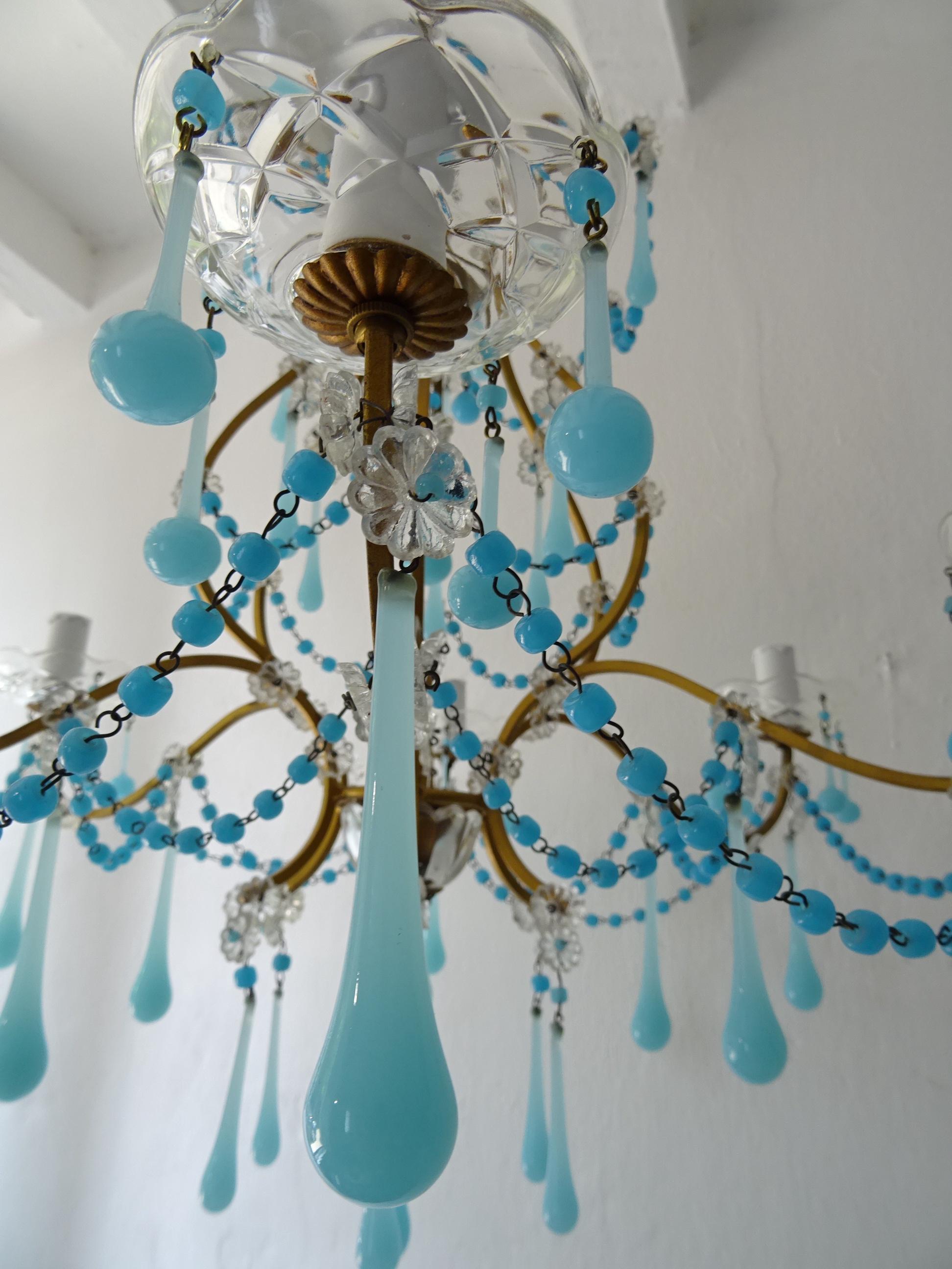 French Murano Blue Drops & Beads Opaline Chandelier, circa 1920 For Sale 2