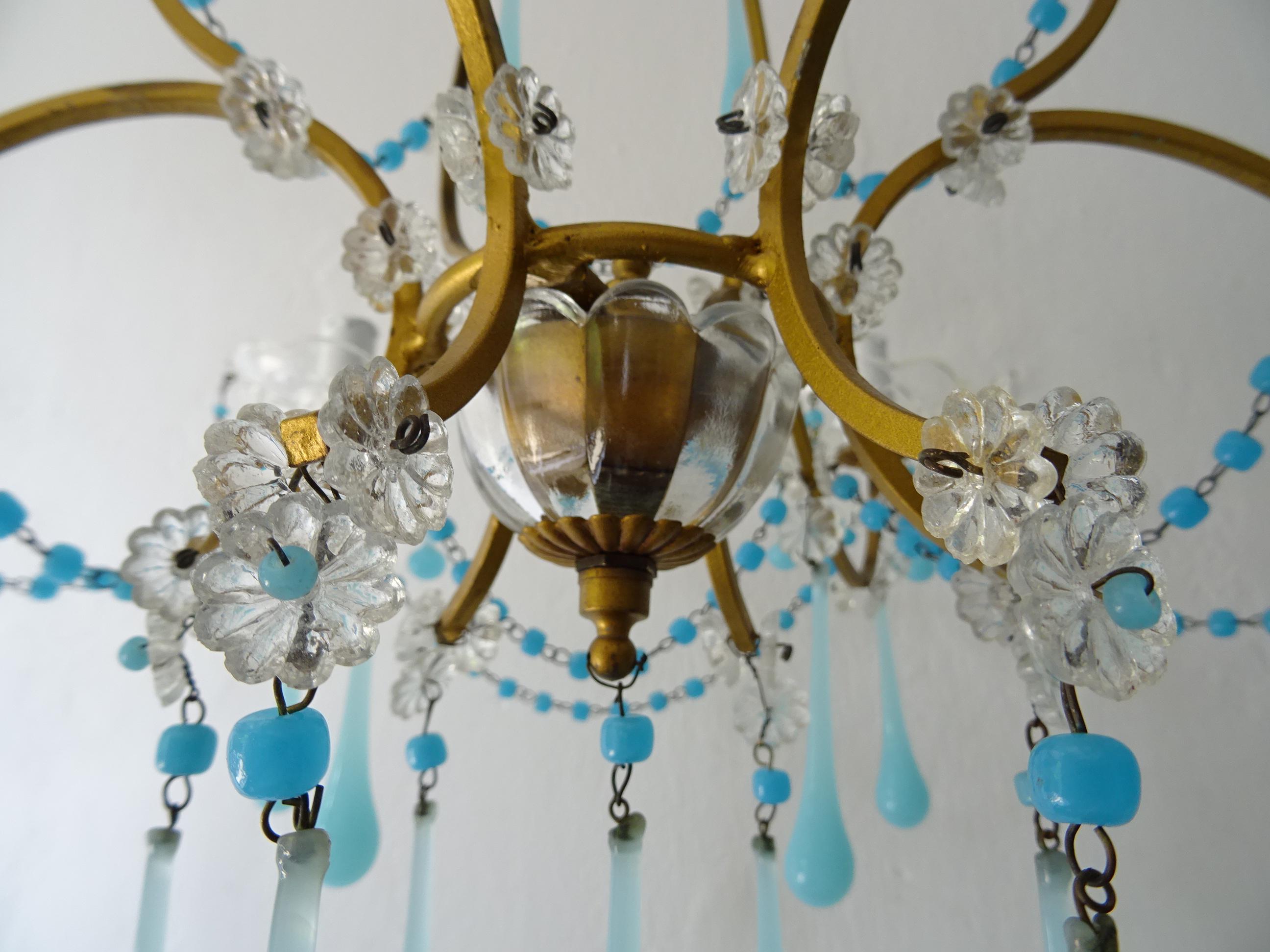 French Murano Blue Drops & Beads Opaline Chandelier, circa 1920 For Sale 3