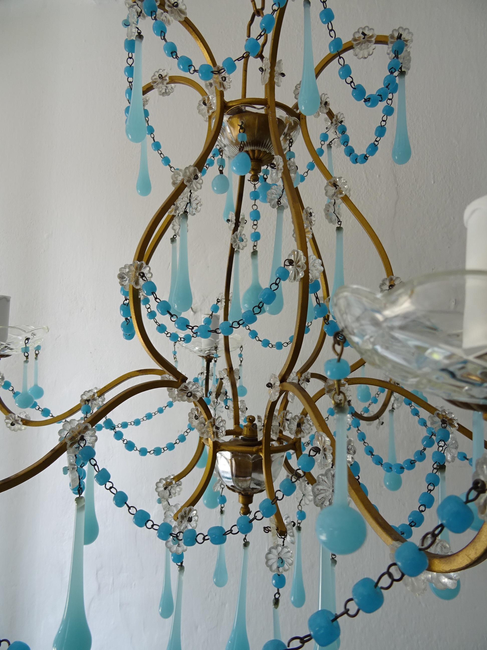 French Murano Blue Drops & Beads Opaline Chandelier, circa 1920 For Sale 4