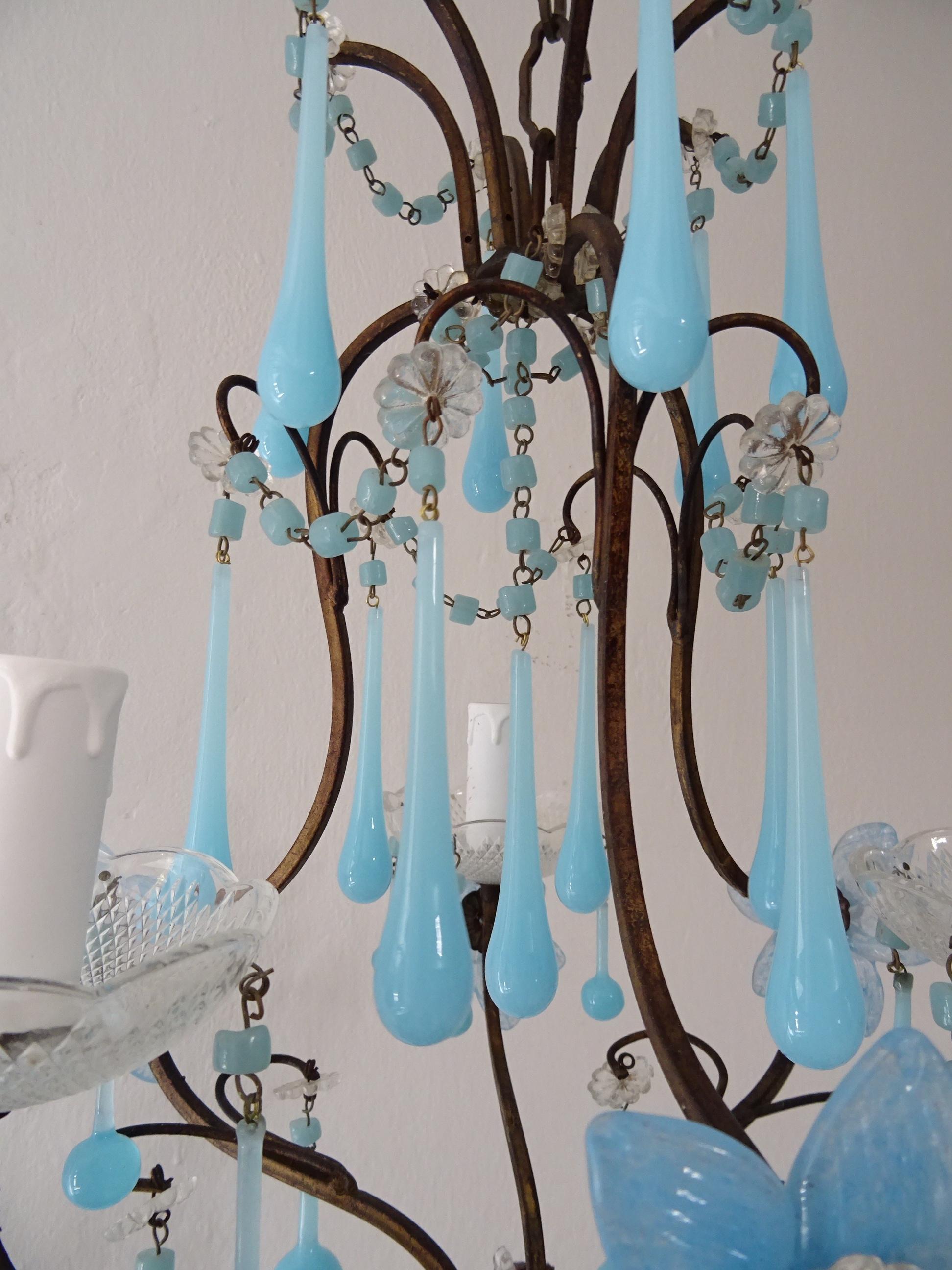 Early 20th Century French Murano Blue Drops Flowers & Beads Opaline Chandelier, circa 1920 For Sale