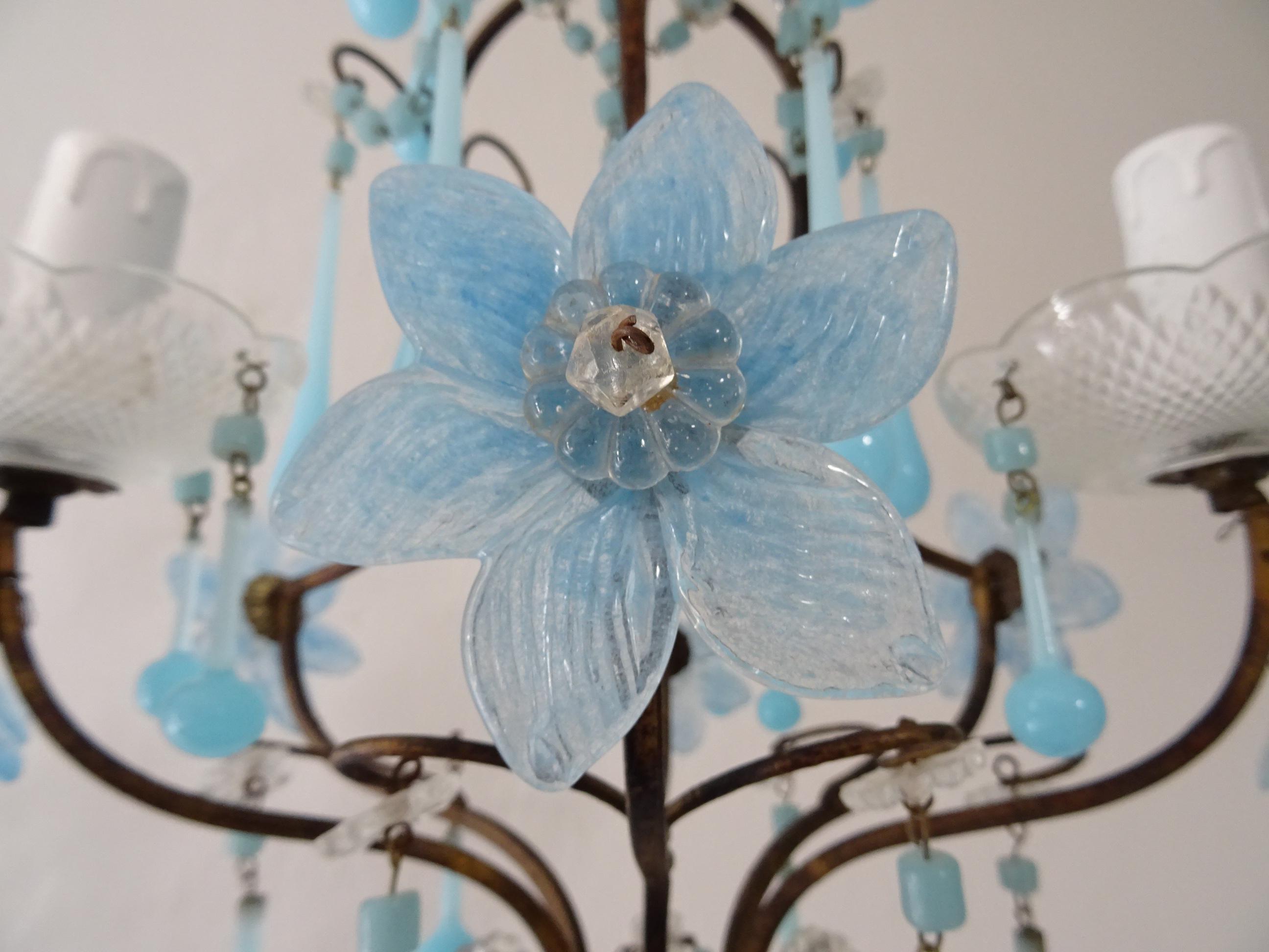 Crystal French Murano Blue Drops Flowers & Beads Opaline Chandelier, circa 1920 For Sale