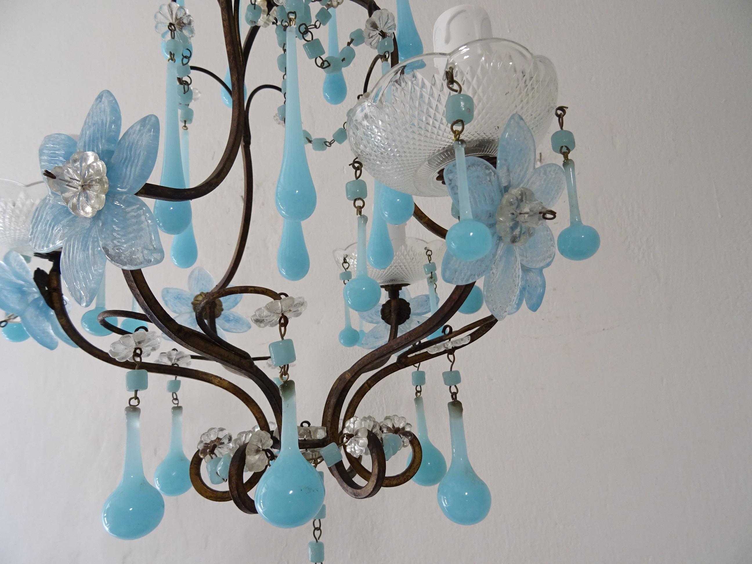 French Murano Blue Drops Flowers & Beads Opaline Chandelier, circa 1920 For Sale 1