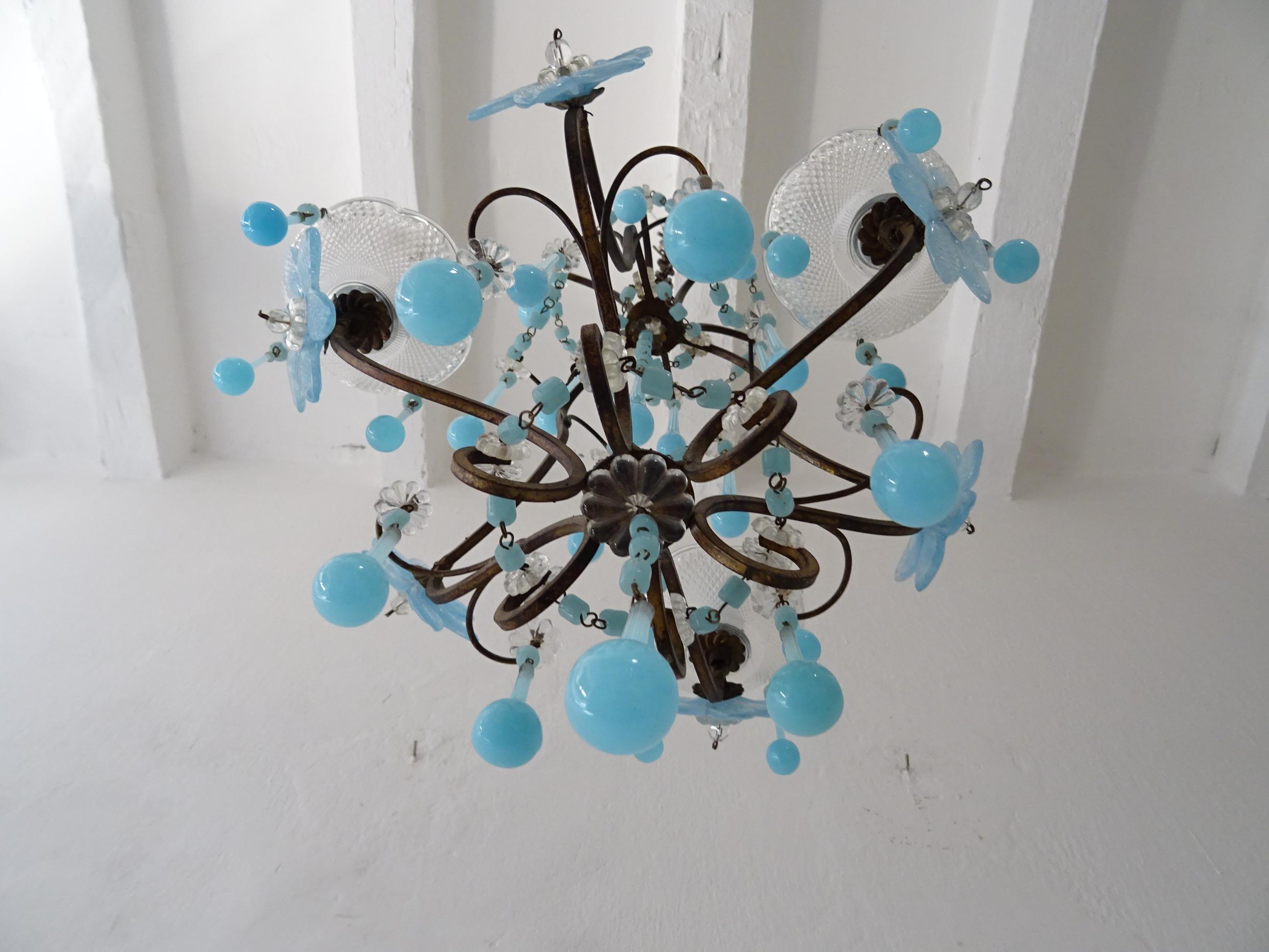 French Murano Blue Drops Flowers & Beads Opaline Chandelier, circa 1920 For Sale 2