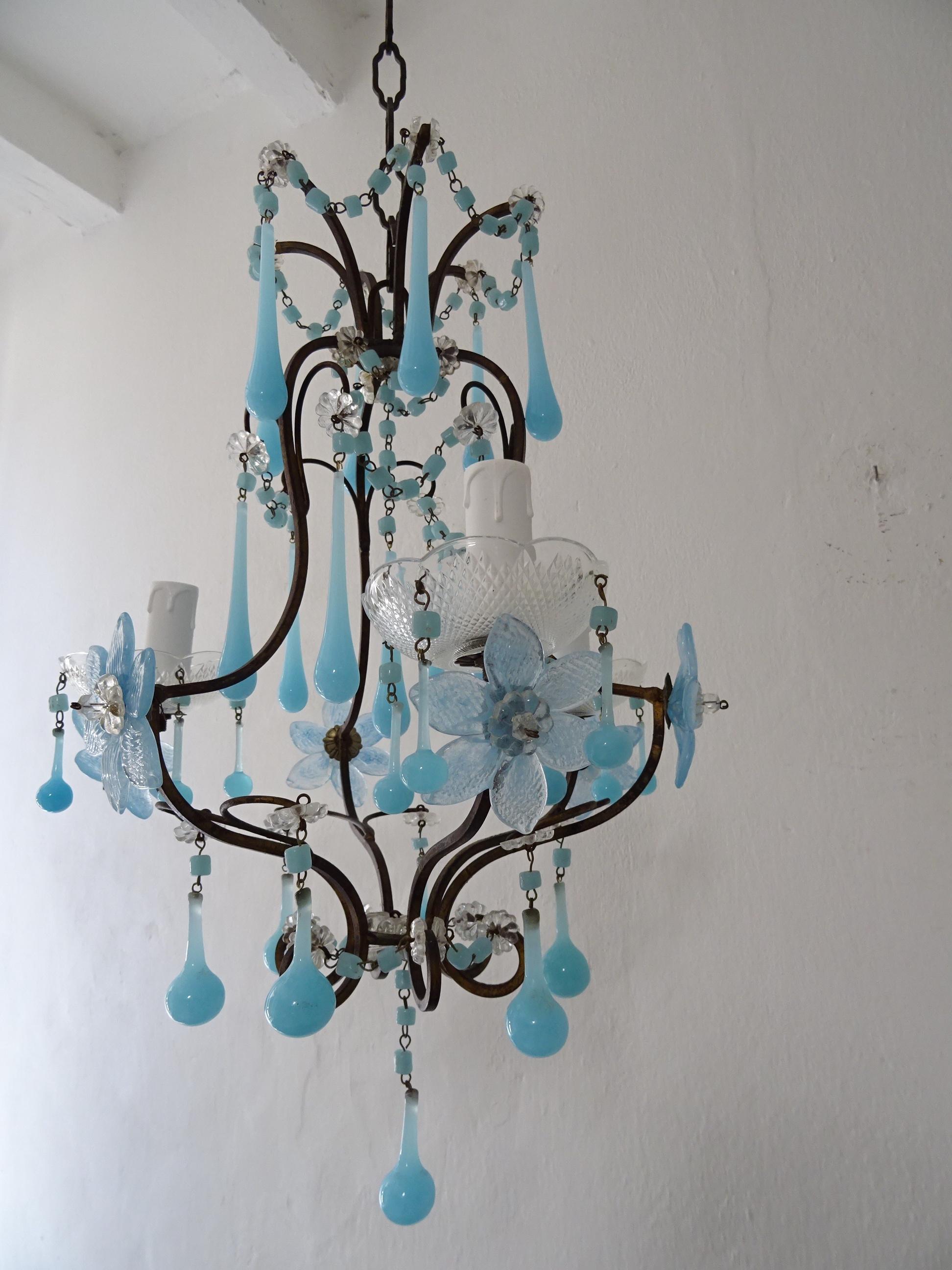 French Murano Blue Drops Flowers & Beads Opaline Chandelier, circa 1920 For Sale 3
