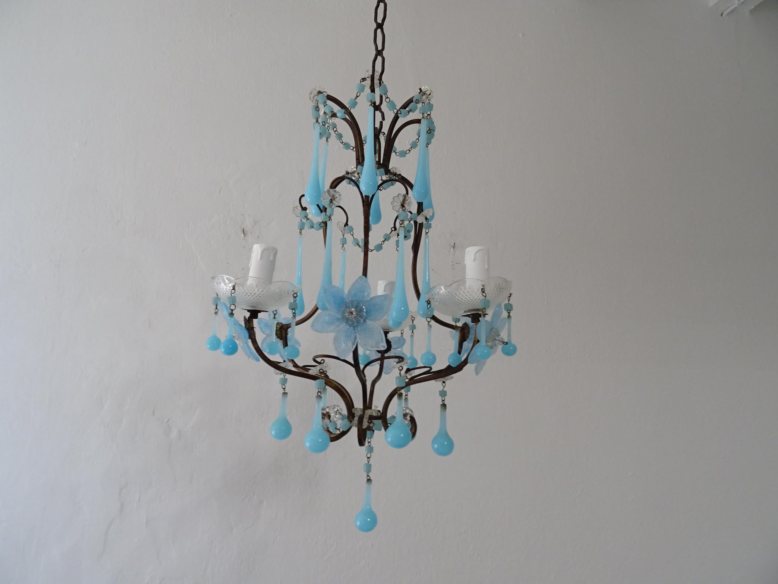 French Murano Blue Drops Flowers & Beads Opaline Chandelier, circa 1920 For Sale 4