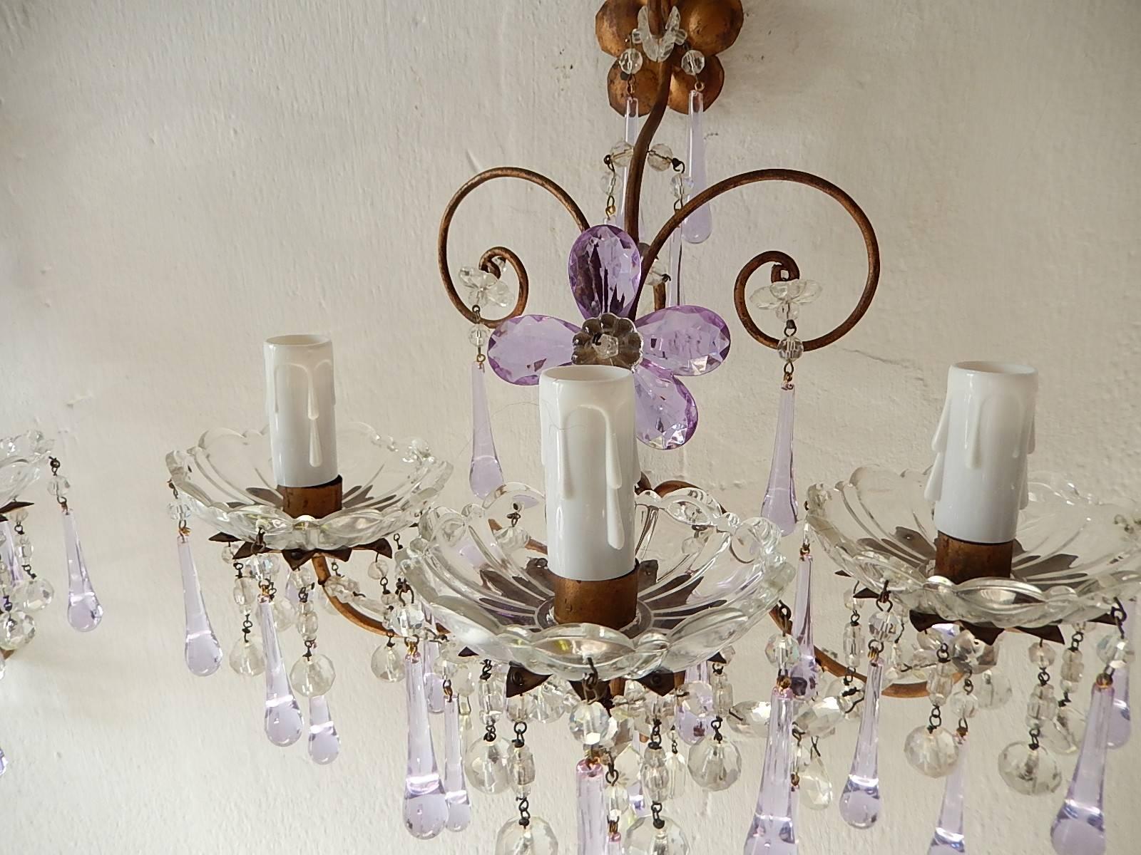 French Murano Drops Lavender Crystal Flowers Three-Light Sconces, circa 1920 6