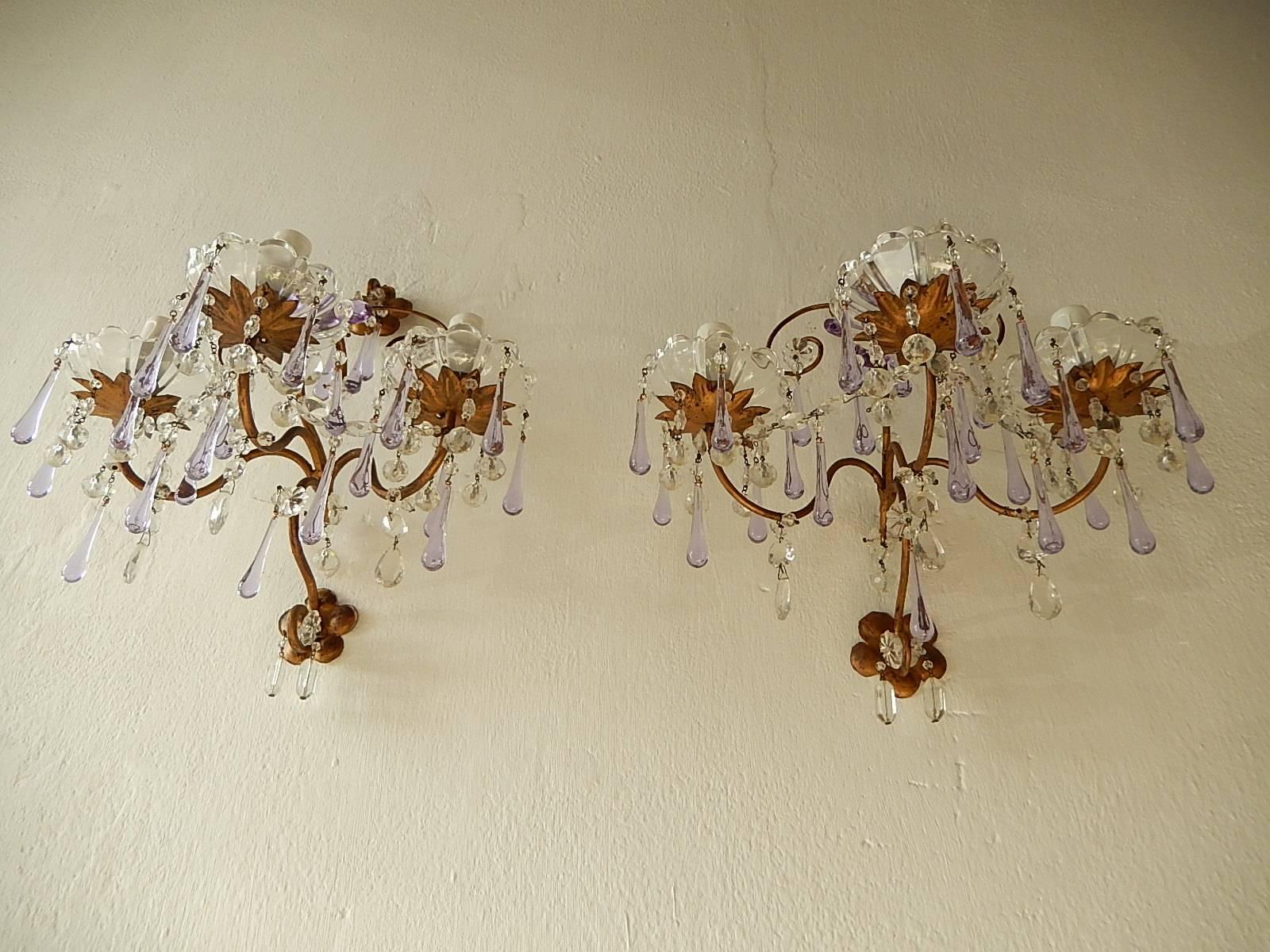French Murano Drops Lavender Crystal Flowers Three-Light Sconces, circa 1920 In Good Condition In Modena (MO), Modena (Mo)
