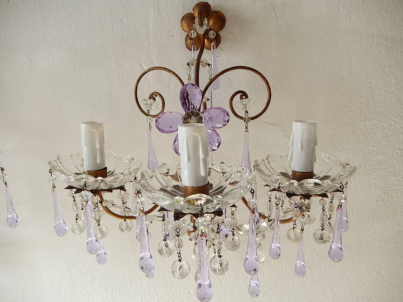French Murano Drops Lavender Crystal Flowers Three-Light Sconces, circa 1920 1