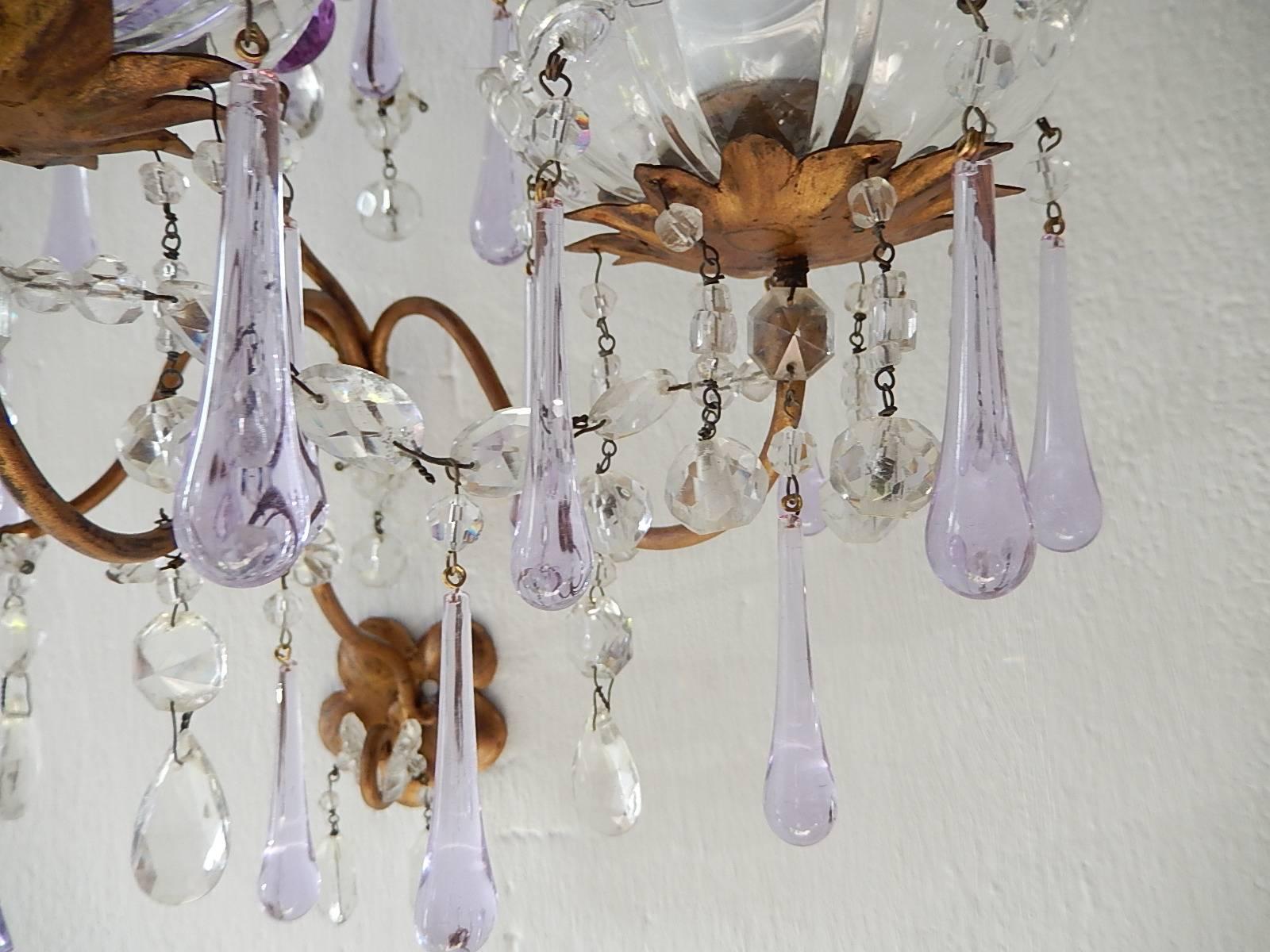 French Murano Drops Lavender Crystal Flowers Three-Light Sconces, circa 1920 2