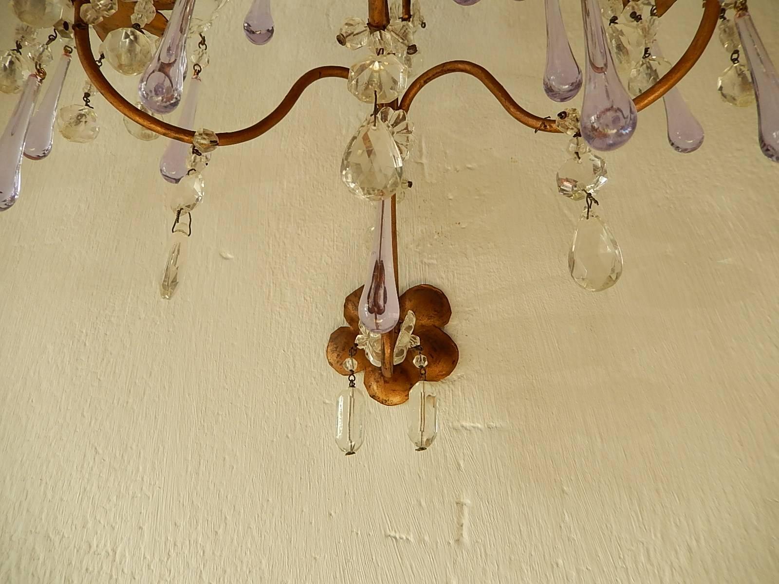 French Murano Drops Lavender Crystal Flowers Three-Light Sconces, circa 1920 3