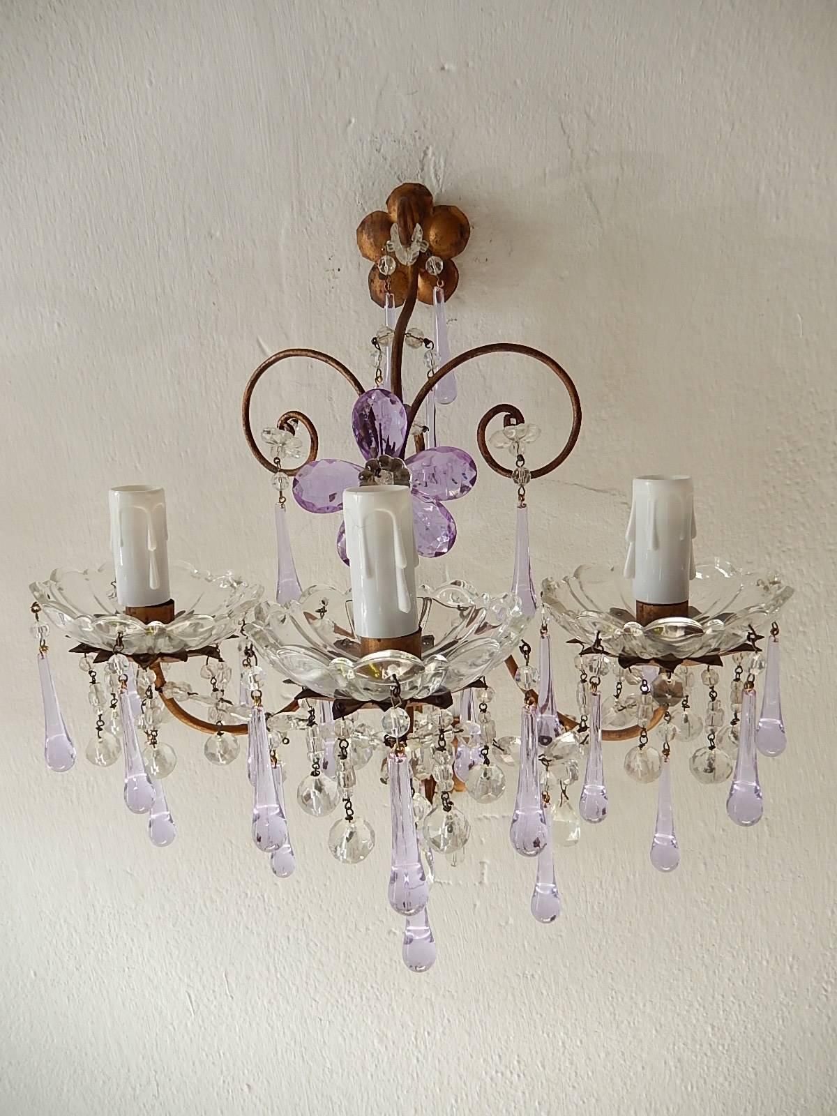 French Murano Drops Lavender Crystal Flowers Three-Light Sconces, circa 1920 4