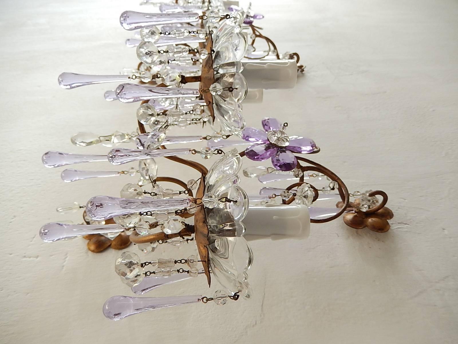 French Murano Drops Lavender Crystal Flowers Three-Light Sconces, circa 1920 5