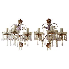 Antique French Murano Drops Lavender Crystal Flowers Three-Light Sconces, circa 1920