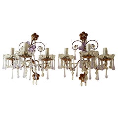 French Murano Drops Lavender Crystal Flowers Three-Light Sconces, circa 1920