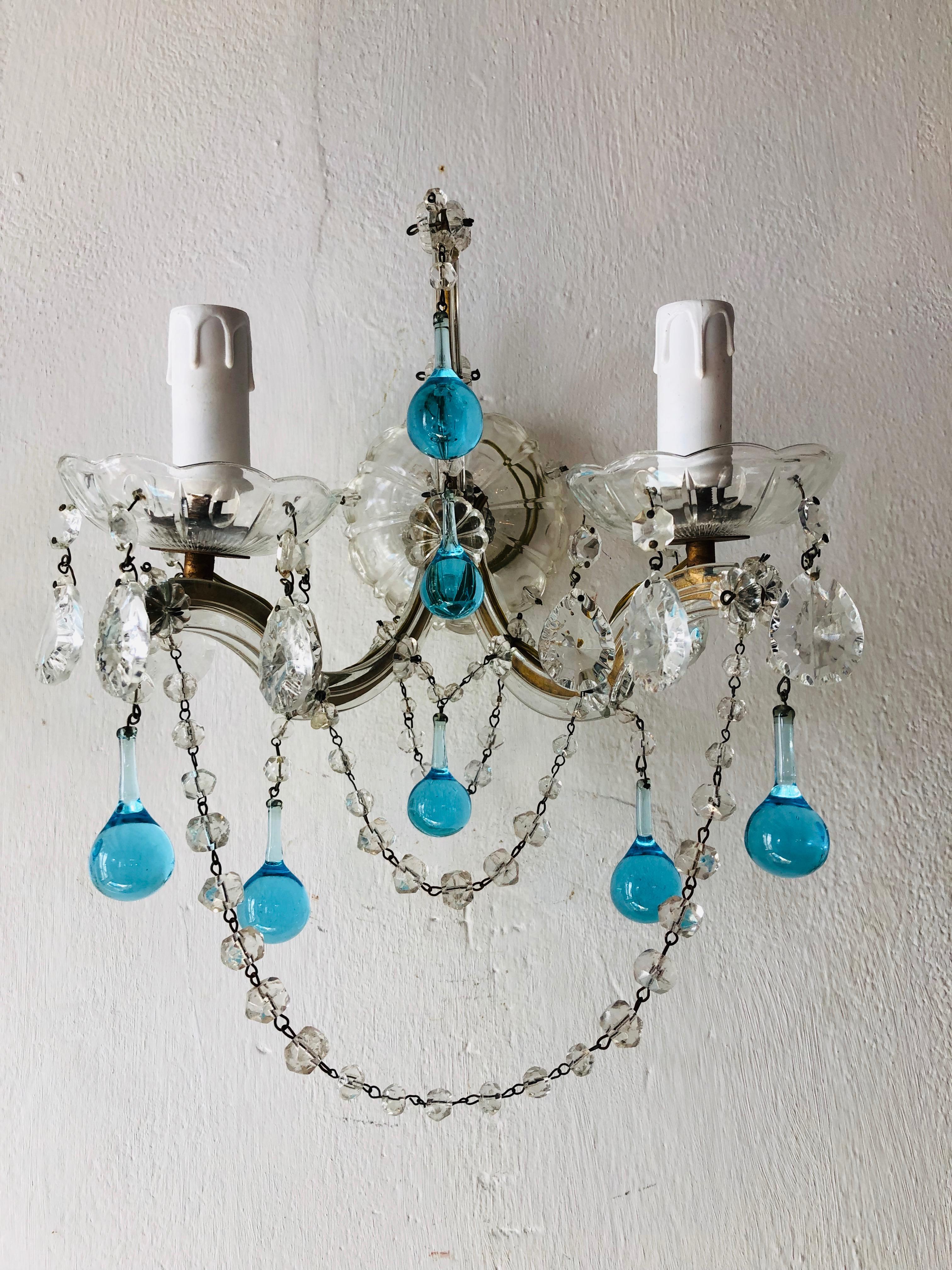 Early 20th Century French Murano Glass Aqua Drops Crystal Swags Sconces, circa 1920