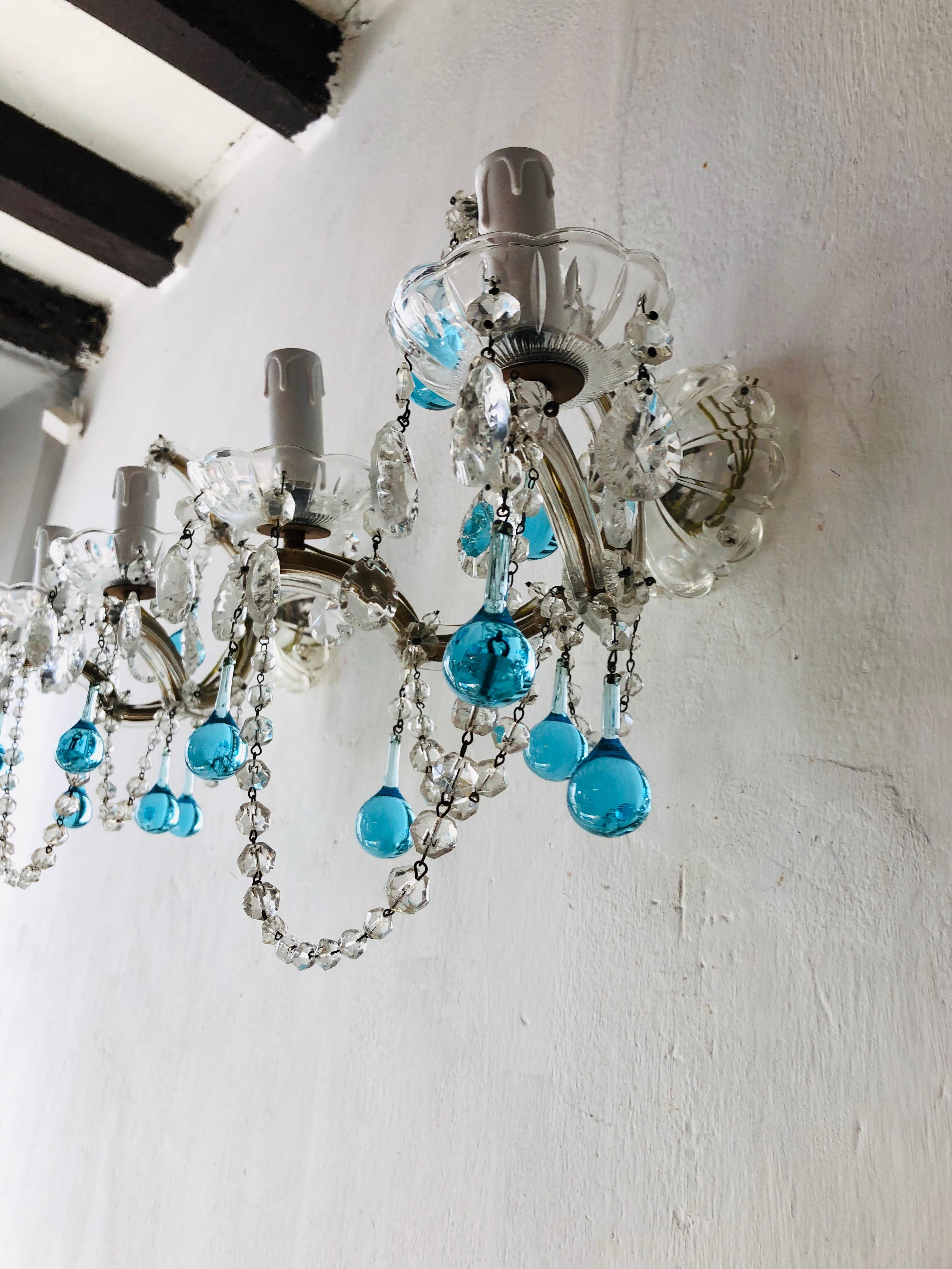 French Murano Glass Aqua Drops Crystal Swags Sconces, circa 1920 3