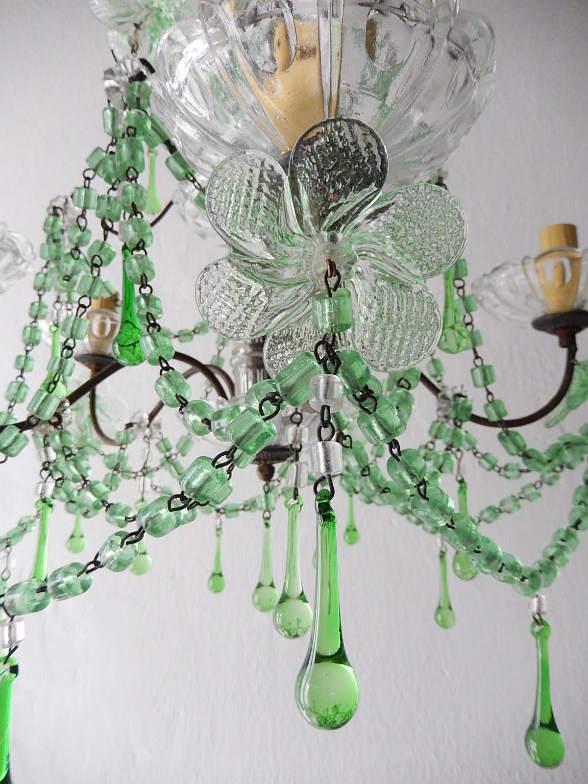French Murano Green Drops Macaroni Swags Flowers Chandelier, circa 1920 For Sale 5
