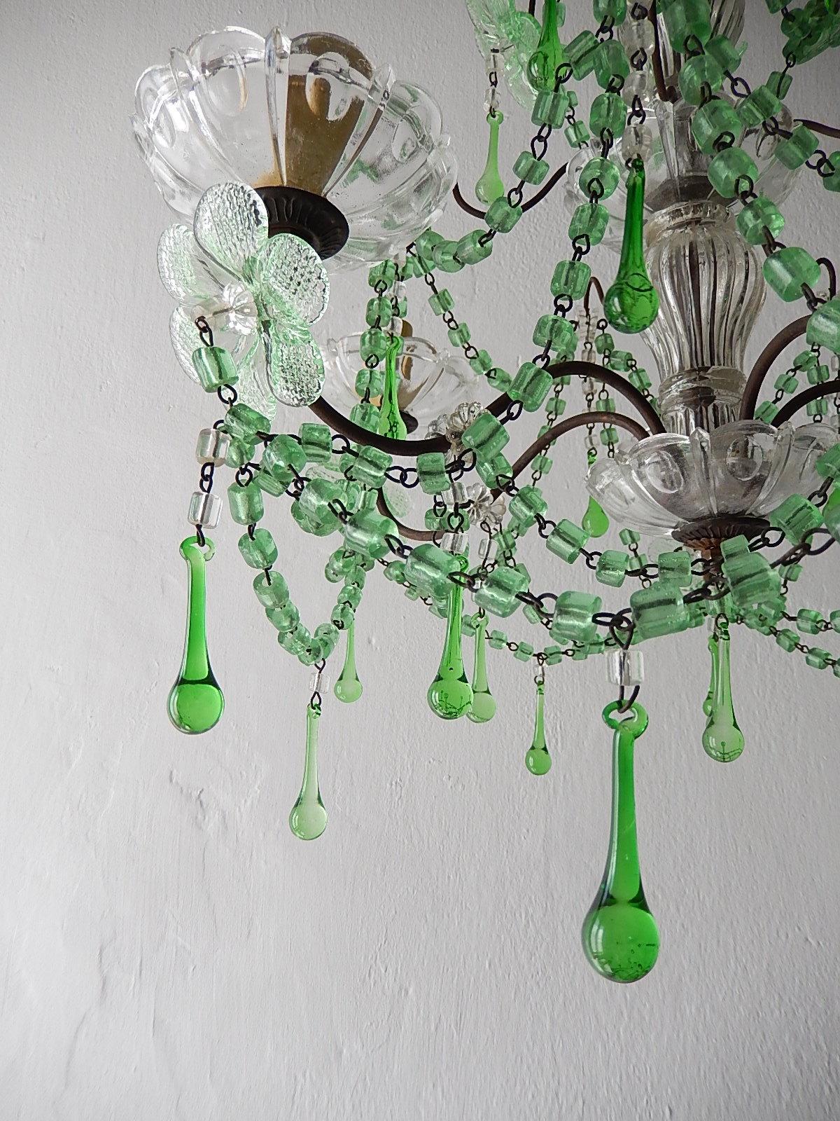 French Murano Green Drops Macaroni Swags Flowers Chandelier, circa 1920 For Sale 6