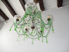 French Murano Green Drops Macaroni Swags Flowers Chandelier, circa 1920